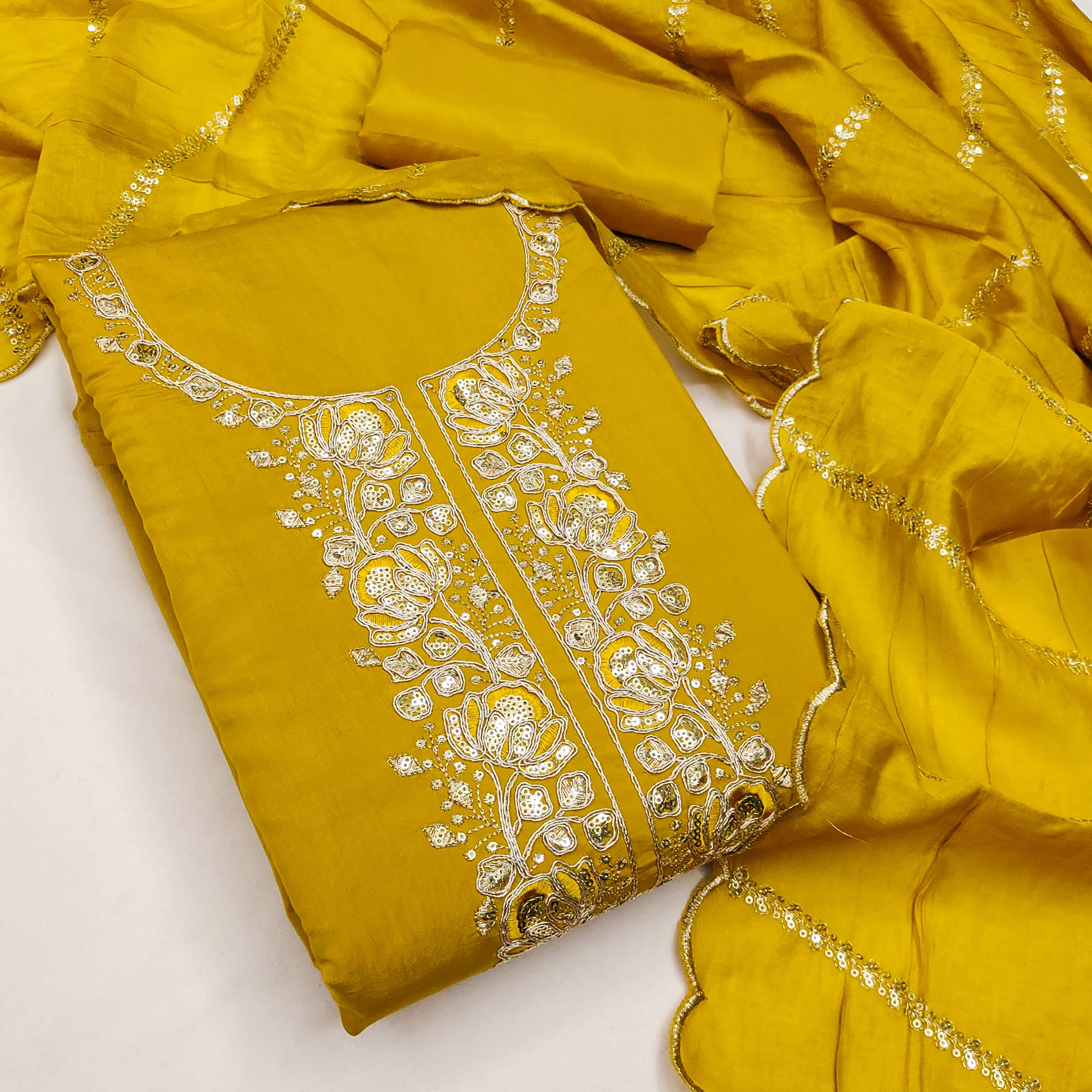 Classic Mustard Floral Cording Embroidered Silk Blend Dress Material With Glittering Sequins Work