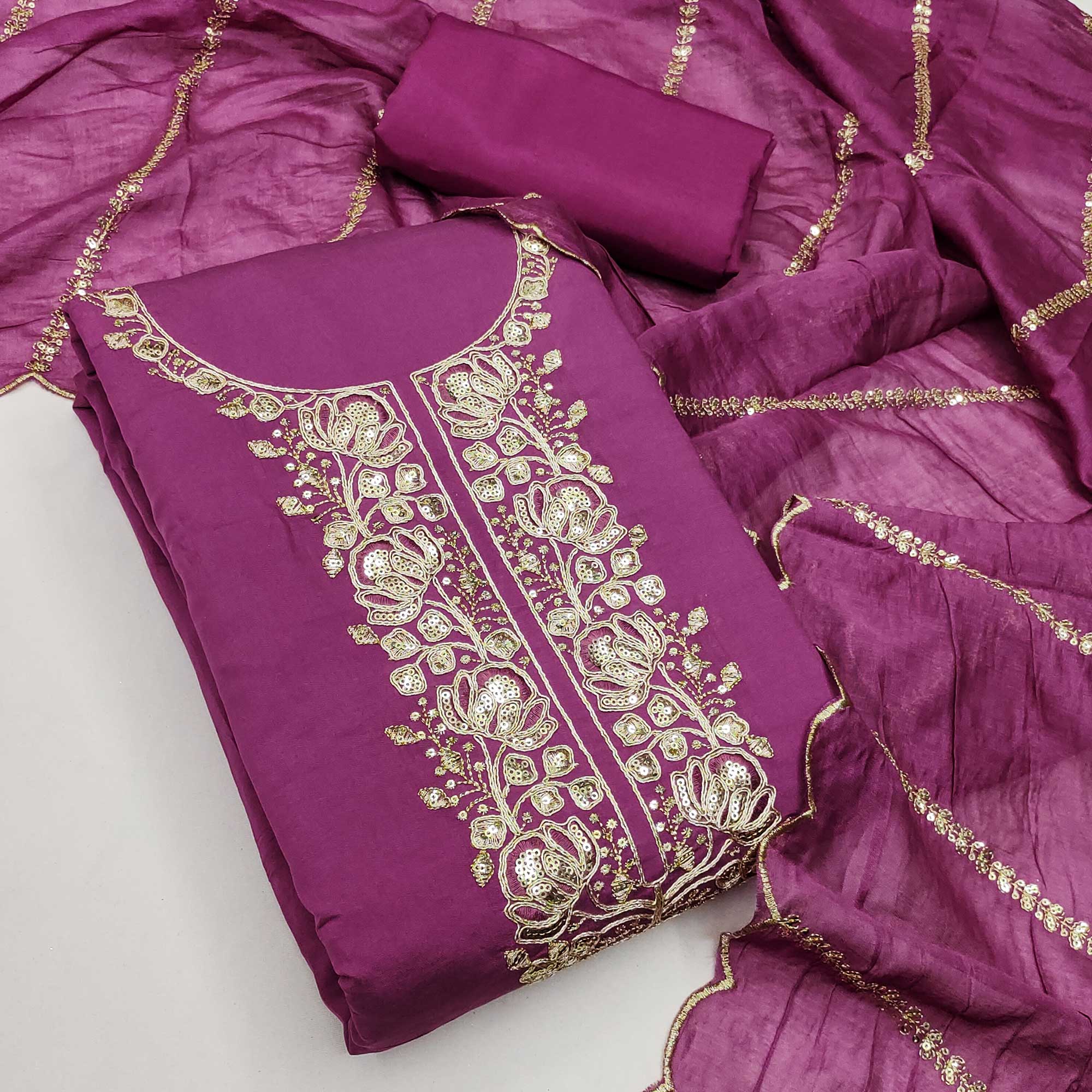 Classic Purple Floral Cording Embroidered Silk Blend Dress Material With Glittering Sequins Work