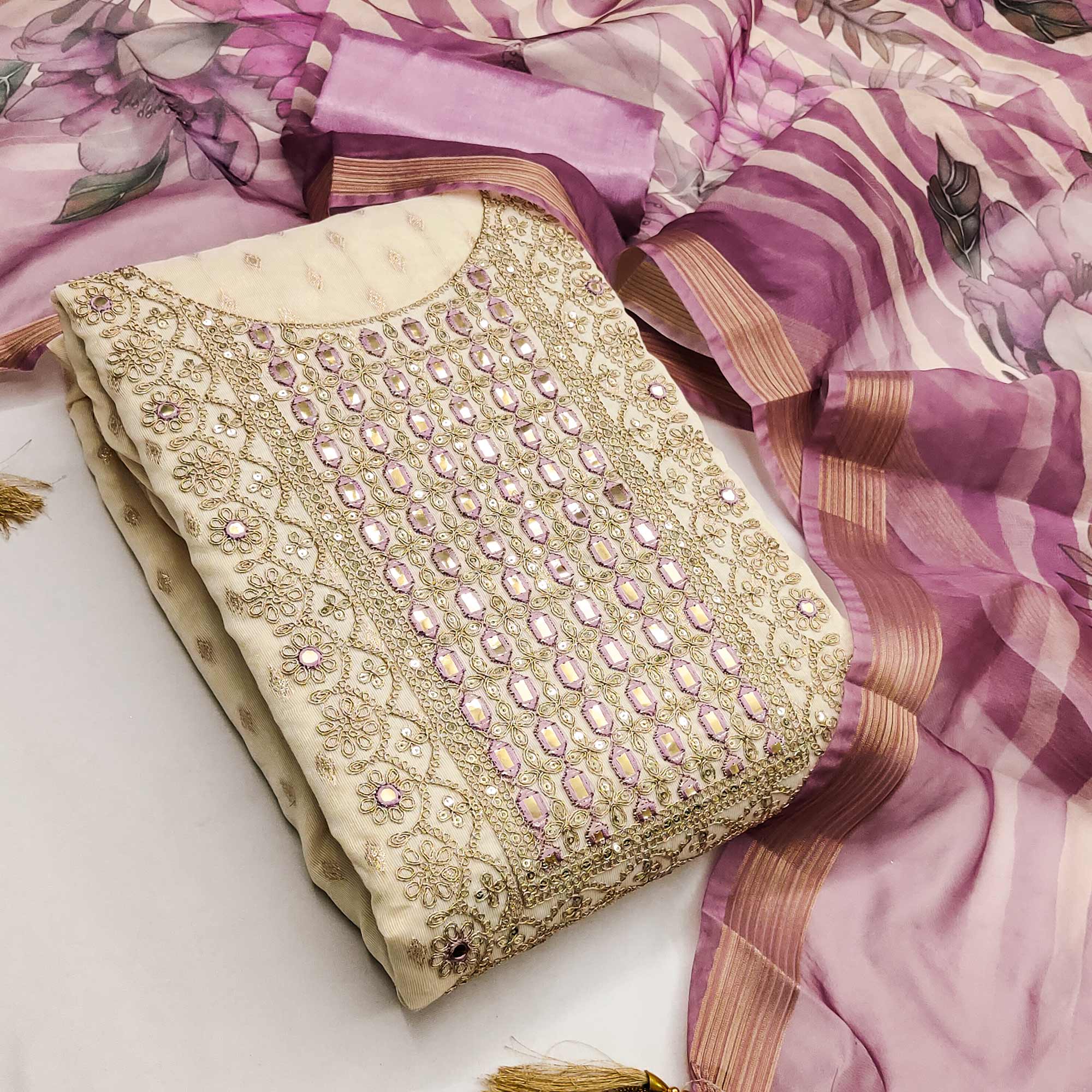Cream & Lavender Shimmer Dress Material Featuring Butti Weaving With Sequins Cording Embroidery