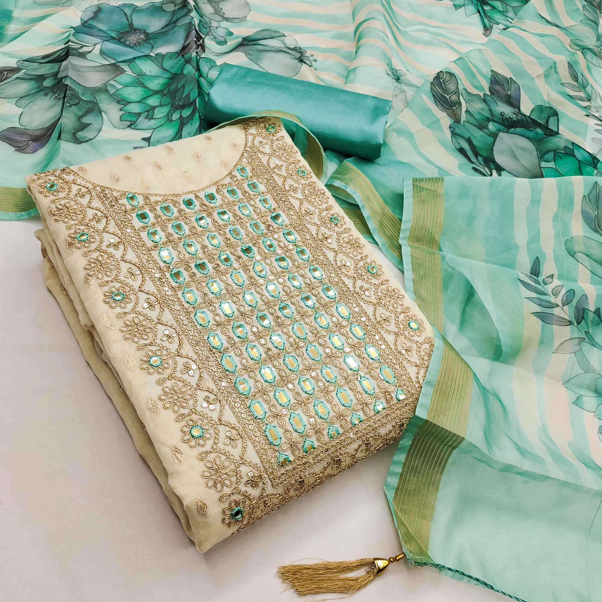 Cream & Turquoise Shimmer Dress Material Featuring Butti Weaving With Sequins Cording Embroidery