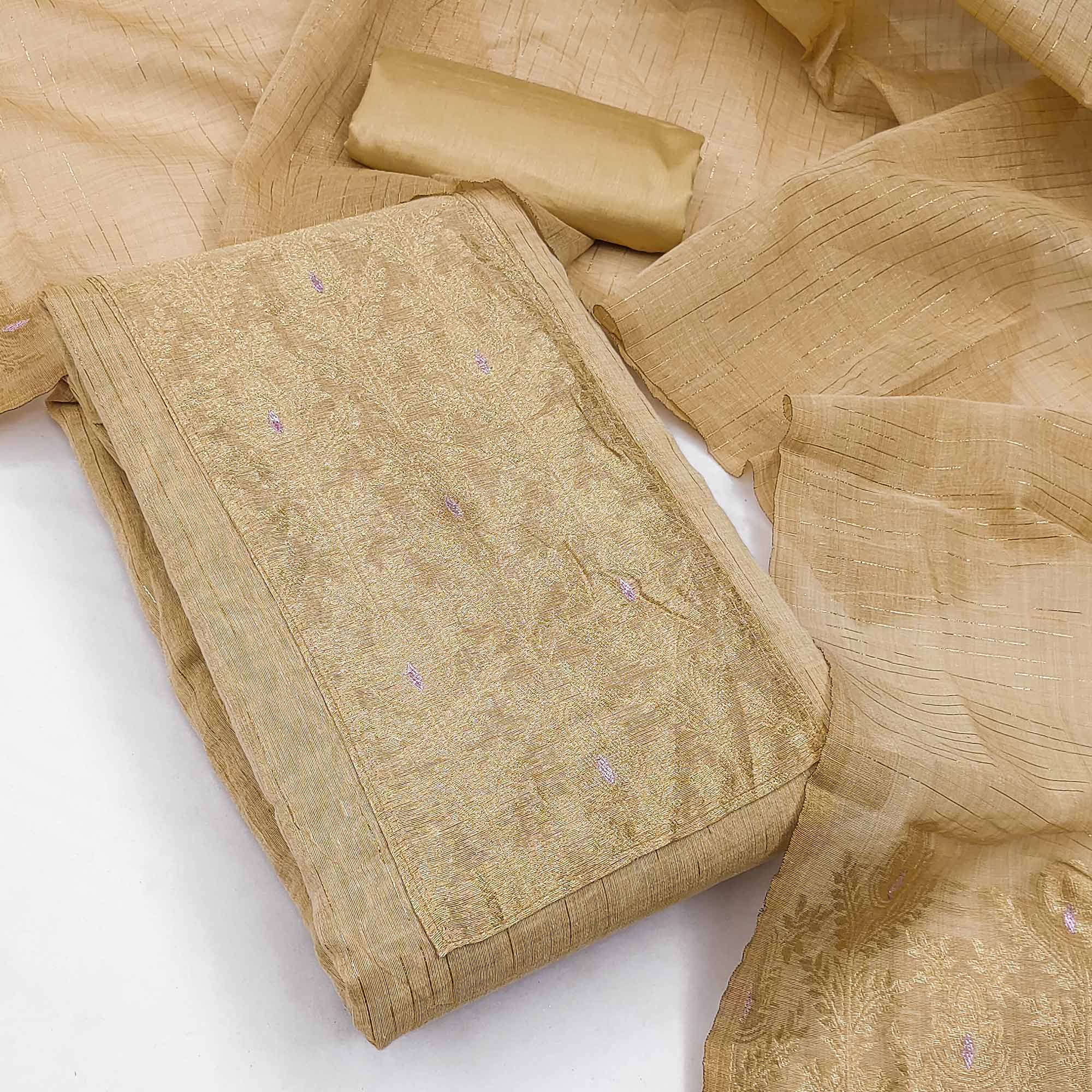 Premium Chikoo Floral Weaving Crafted Cotton Silk Jacquard Dress Material