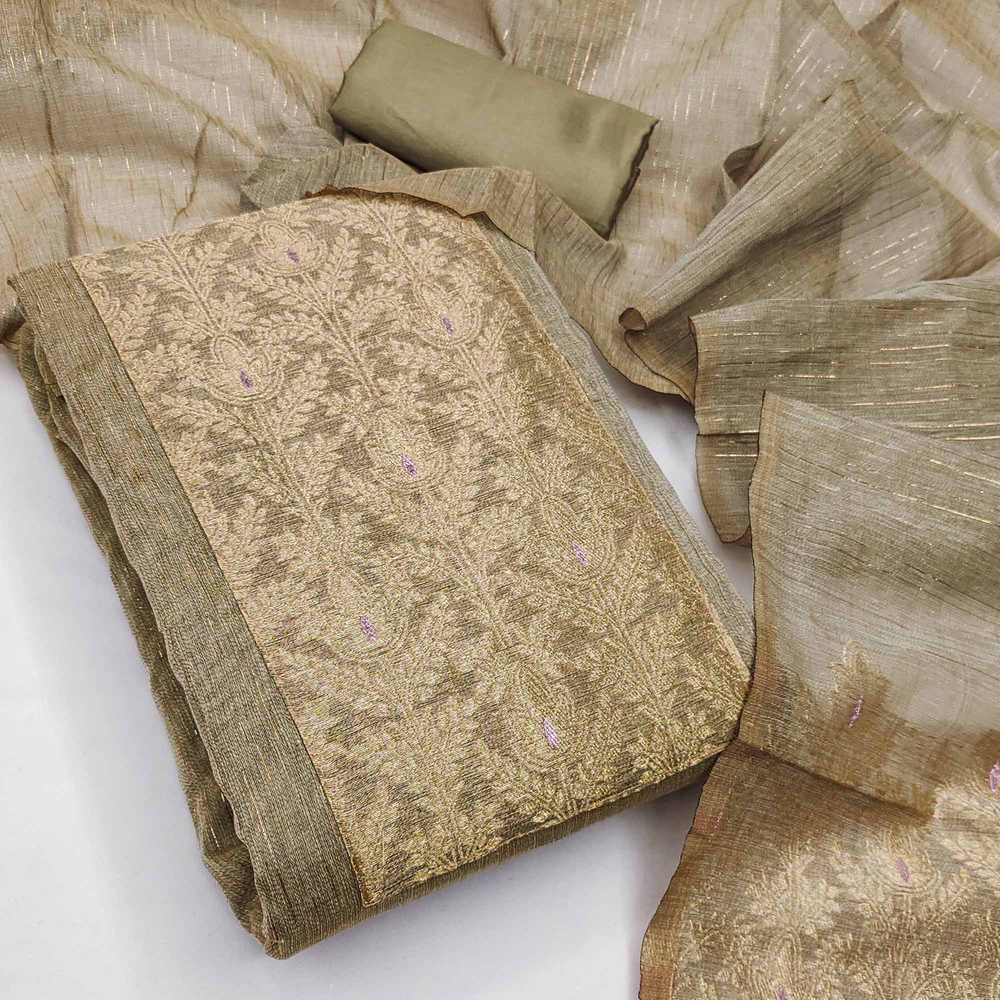 Premium Grey Floral Weaving Crafted Cotton Silk Jacquard Dress Material