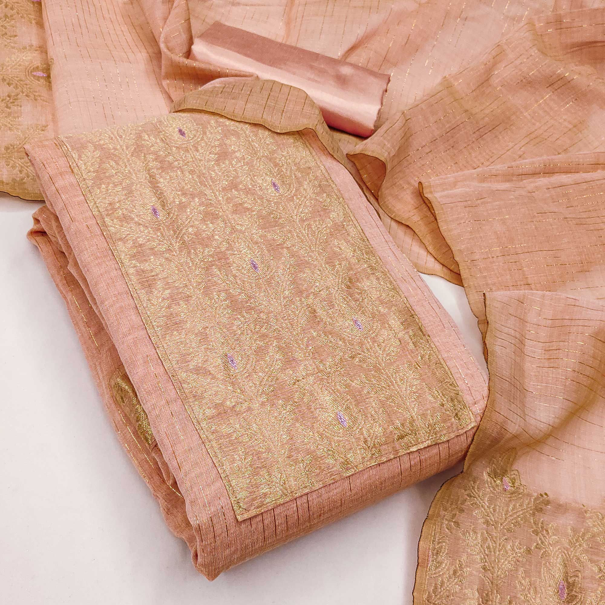 Premium Peach Floral Weaving Crafted Cotton Silk Jacquard Dress Material