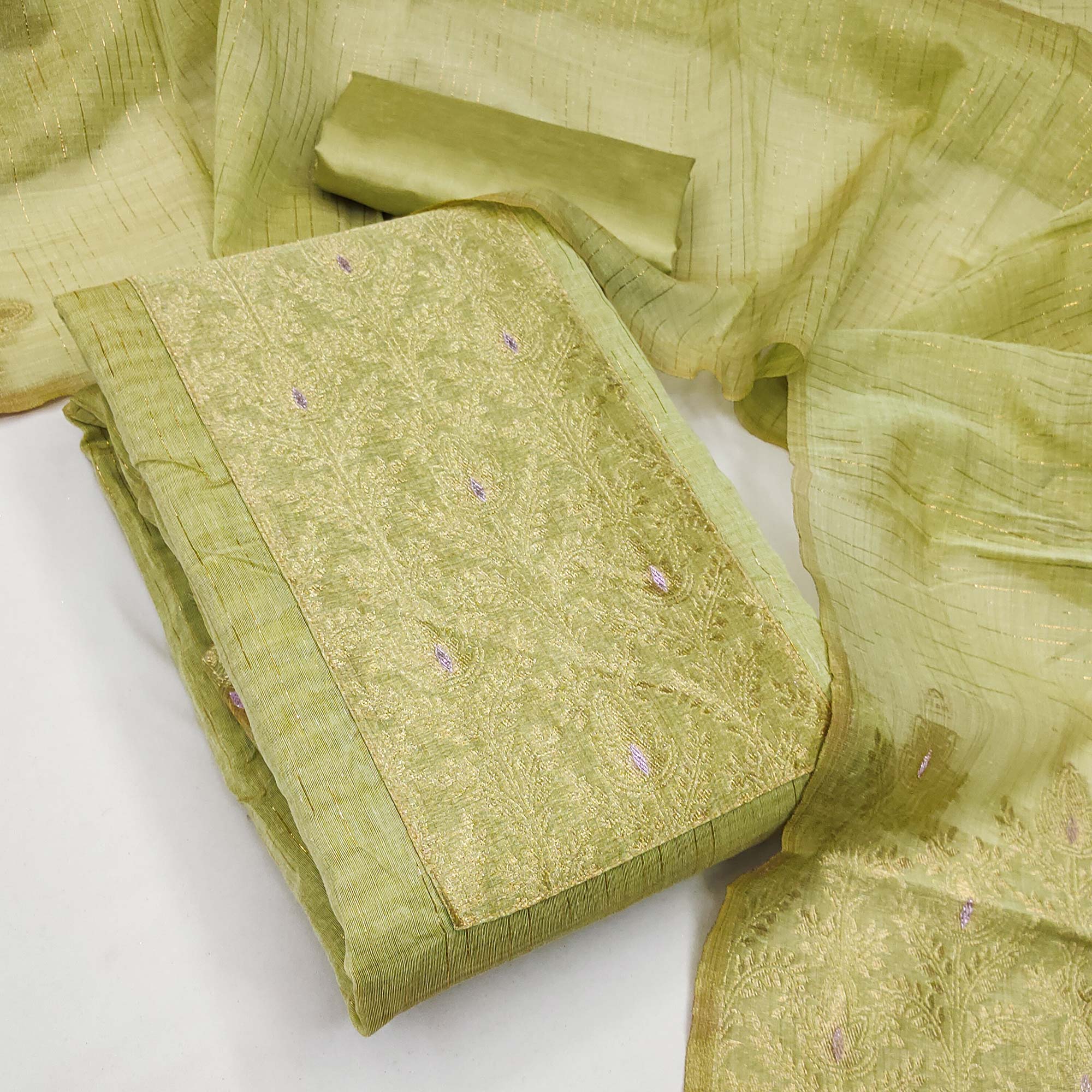 Premium Pista Green Floral Weaving Crafted Cotton Silk Jacquard Dress Material