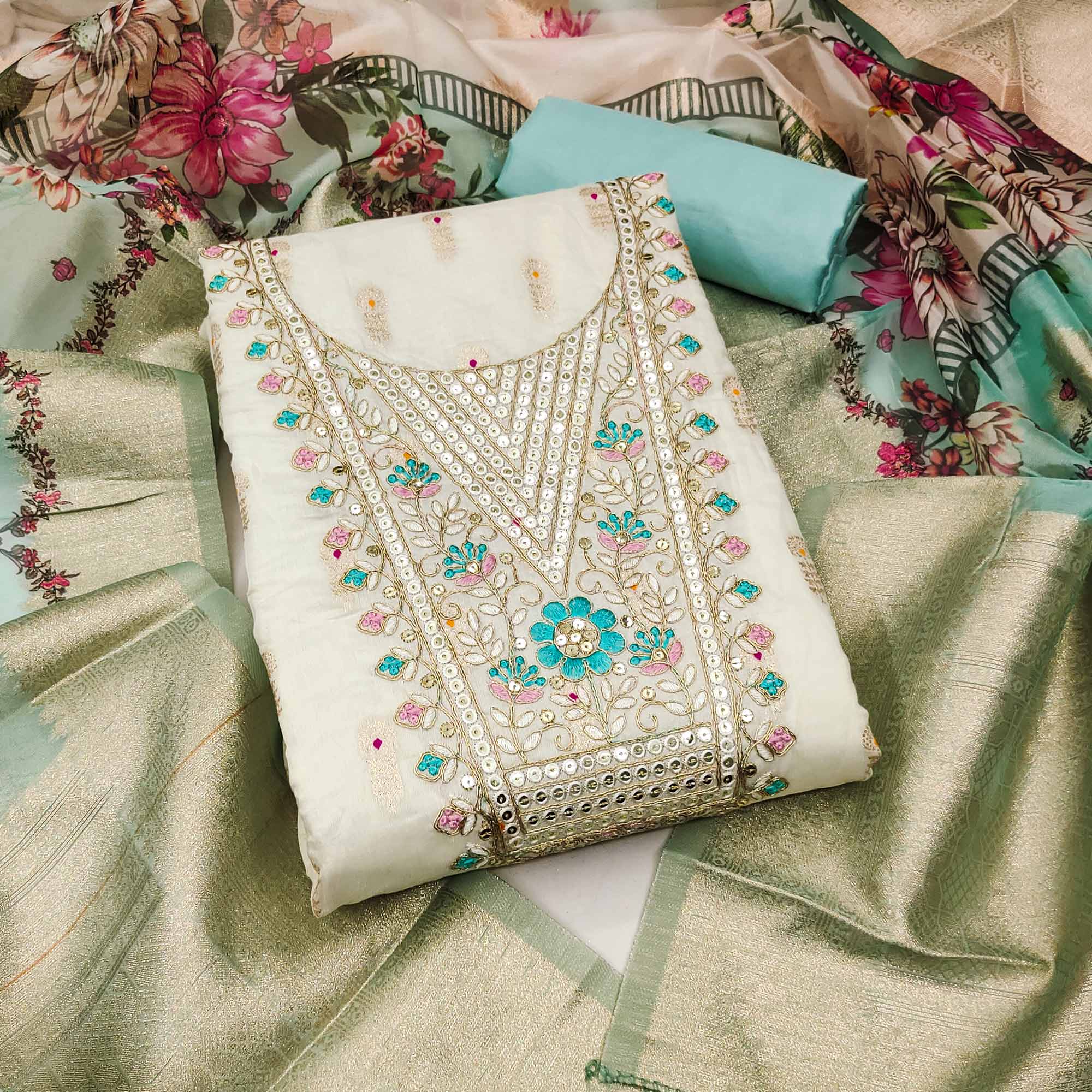 Offwhite & Blue Floral Woven With Sequins Cording Embroidery Meenakari Jacquard Dress Material