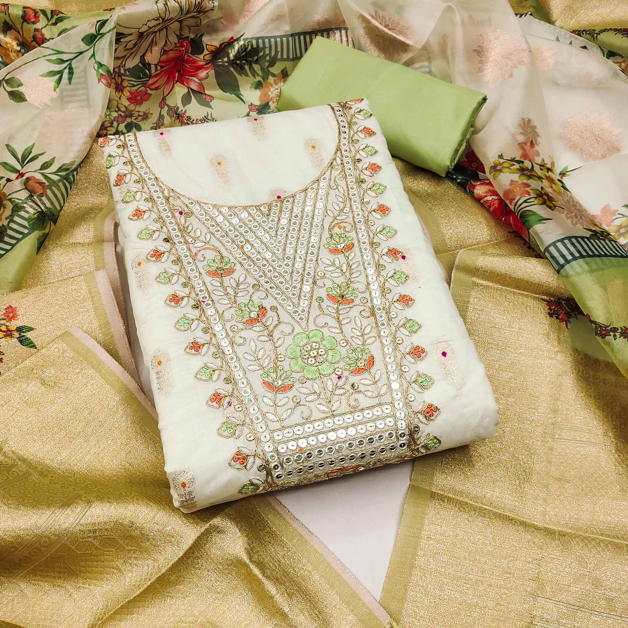 Offwhite & Green Floral Woven With Sequins Cording Embroidery Meenakari Jacquard Dress Material