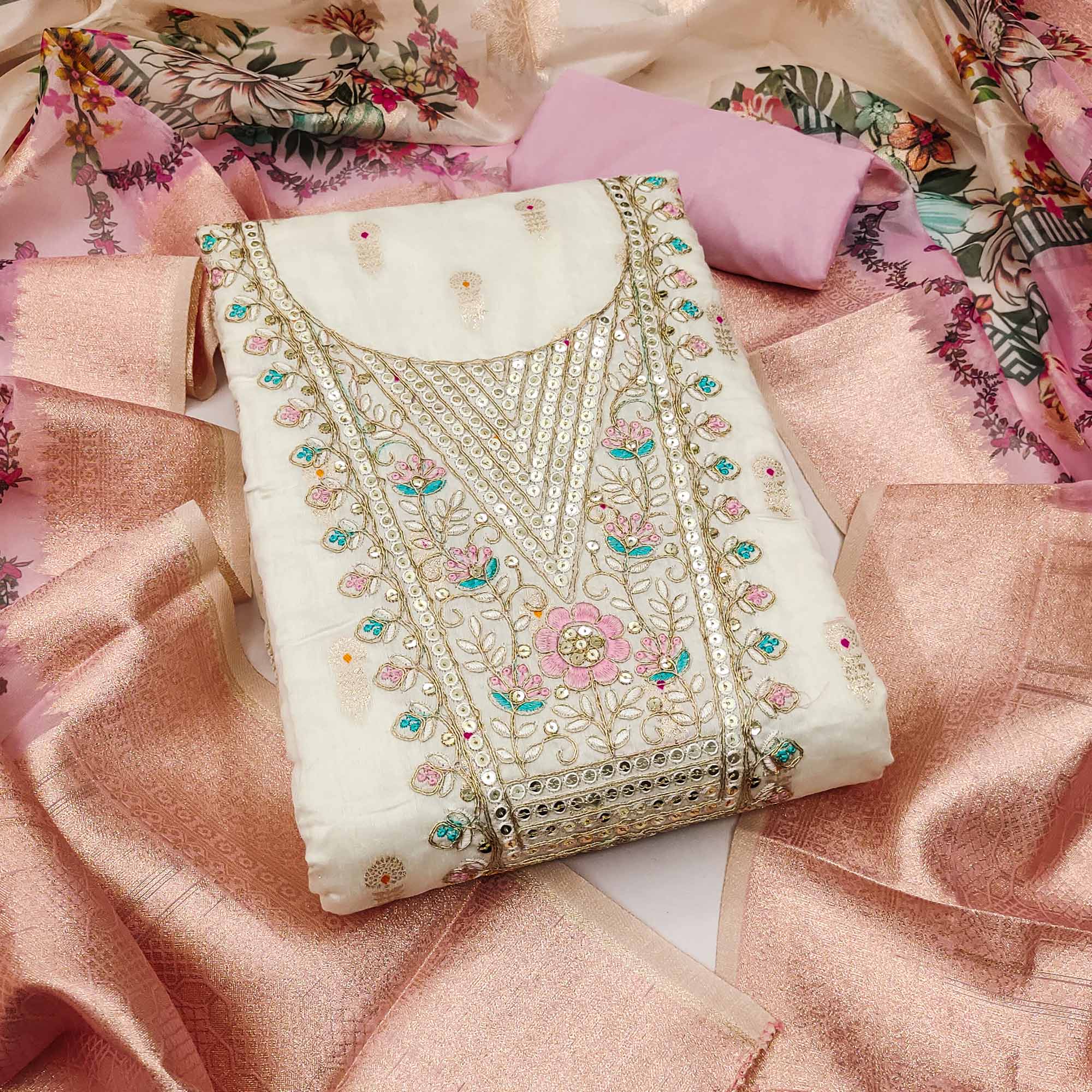 Offwhite & Pink Floral Woven With Sequins Cording Embroidery Meenakari Jacquard Dress Material