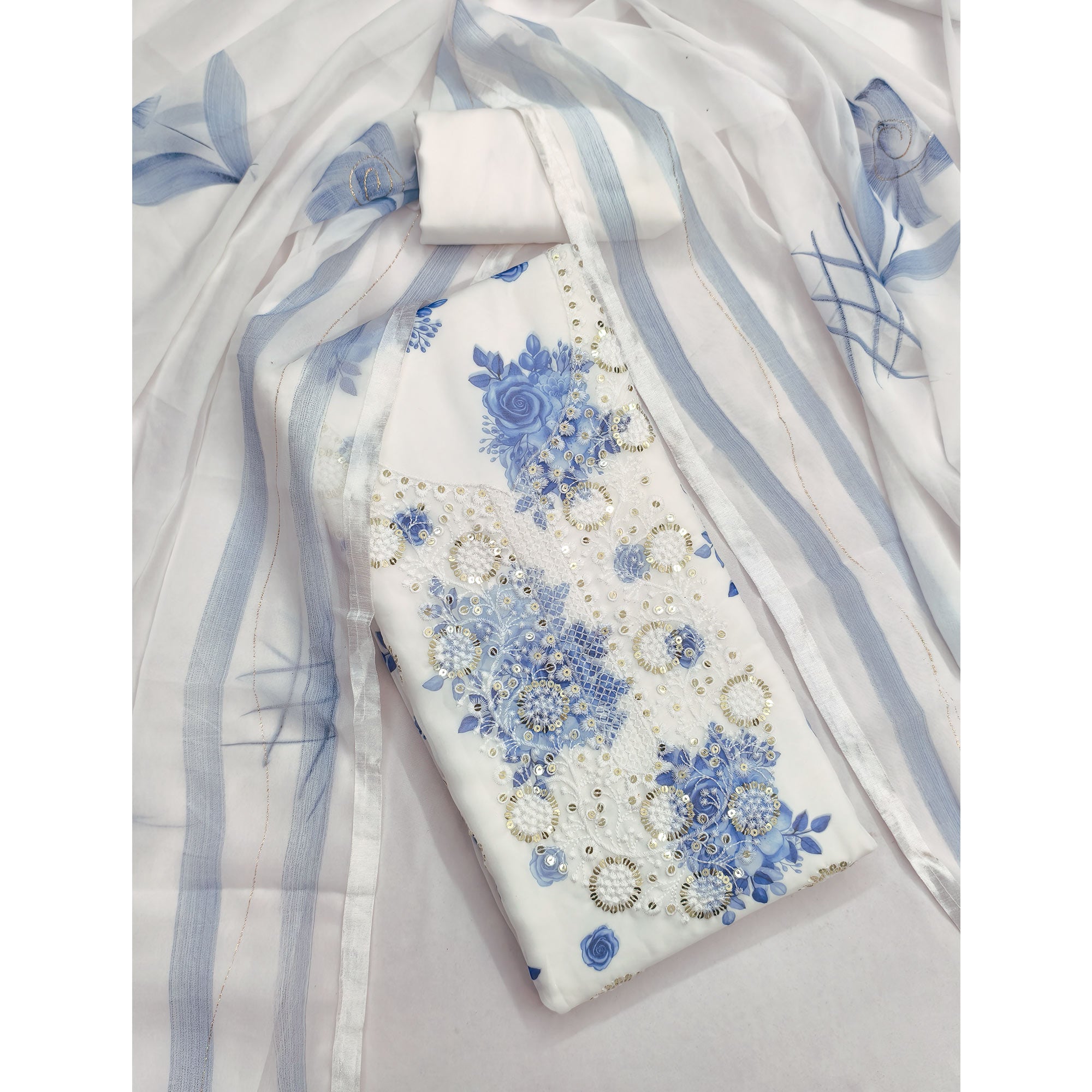 White & Blue Floral Sequins Embroidered Georgette Dress Material With Artistic Digital Prints