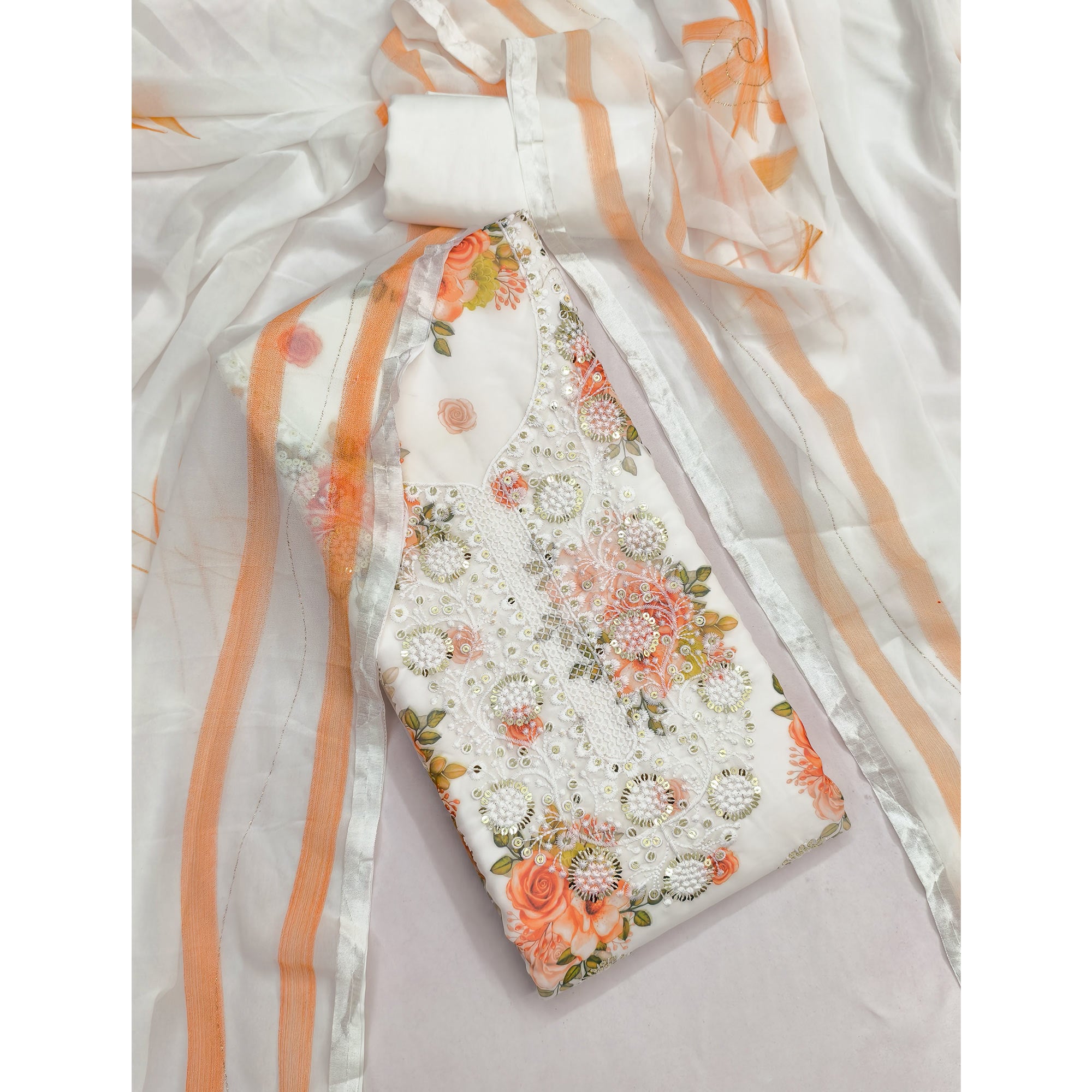 White & Orange Floral Sequins Embroidered Georgette Dress Material With Artistic Digital Prints