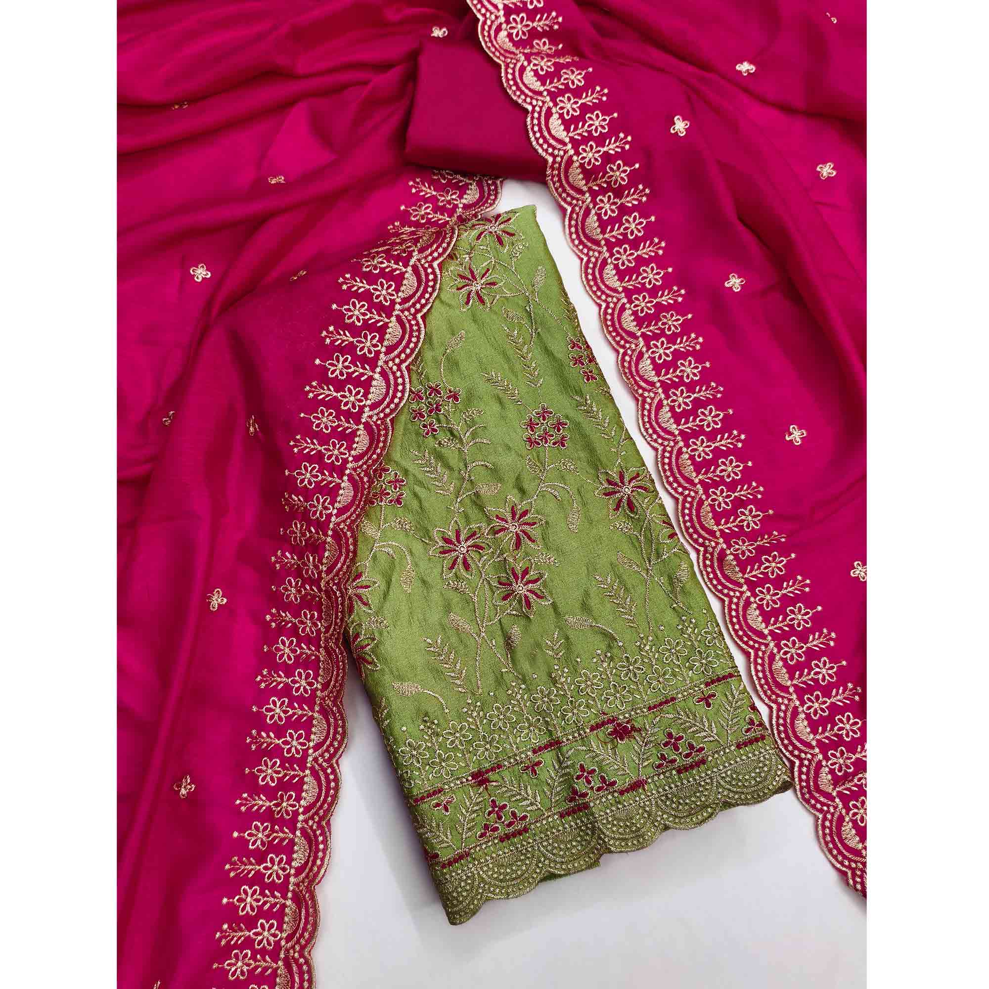 Graceful Green Vichitra Silk Dress Material Adorned With Intricate Floral Thread Embroidery