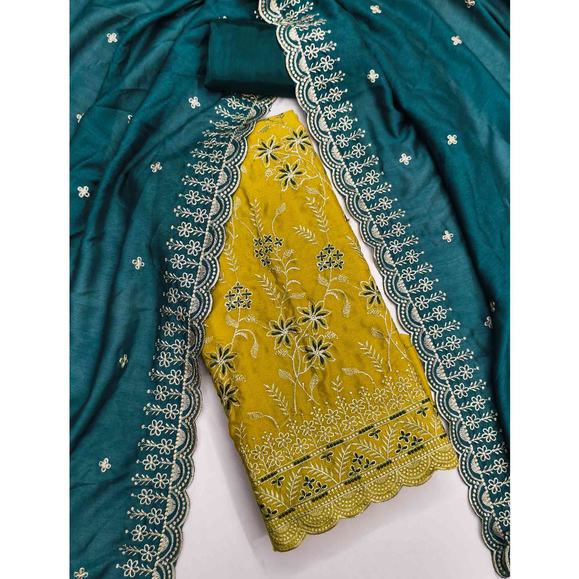 Graceful Mustard Vichitra Silk Dress Material Adorned With Intricate Floral Thread Embroidery