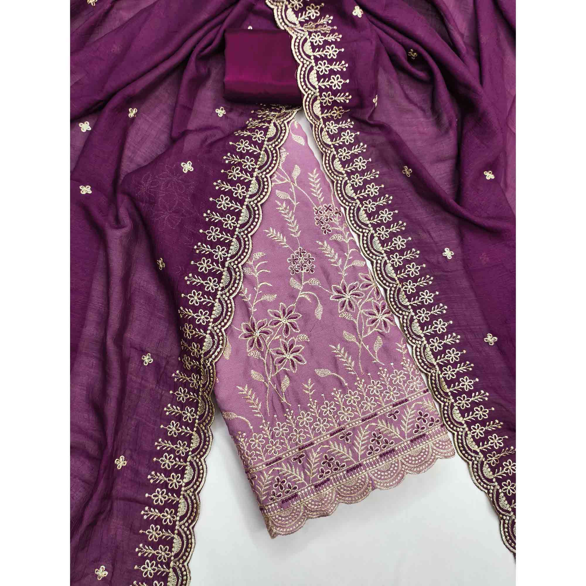 Graceful Purple Vichitra Silk Dress Material Adorned With Intricate Floral Thread Embroidery