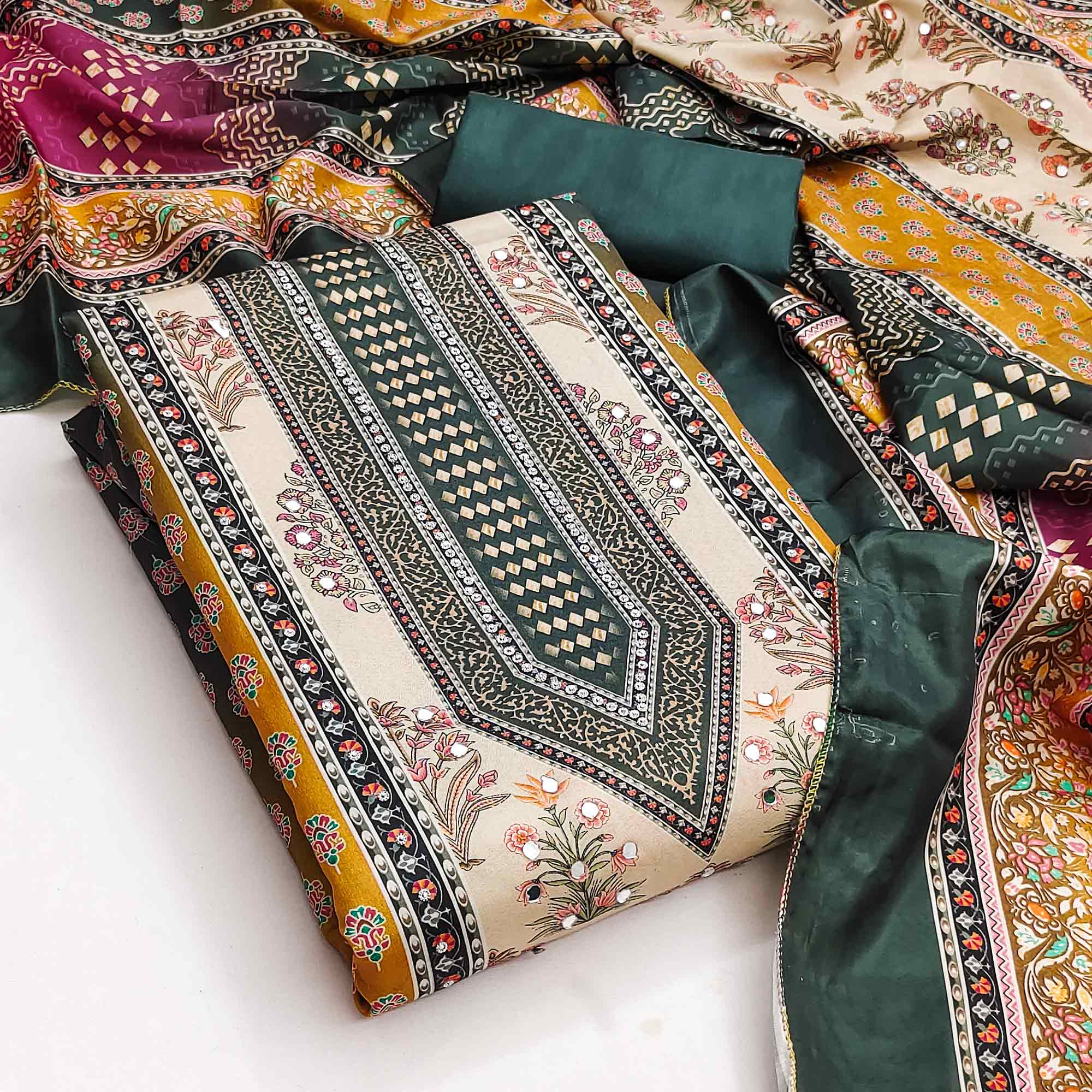 Elegant Dark Green Floral Digital Printed Crepe Dress Material With Mirror Work