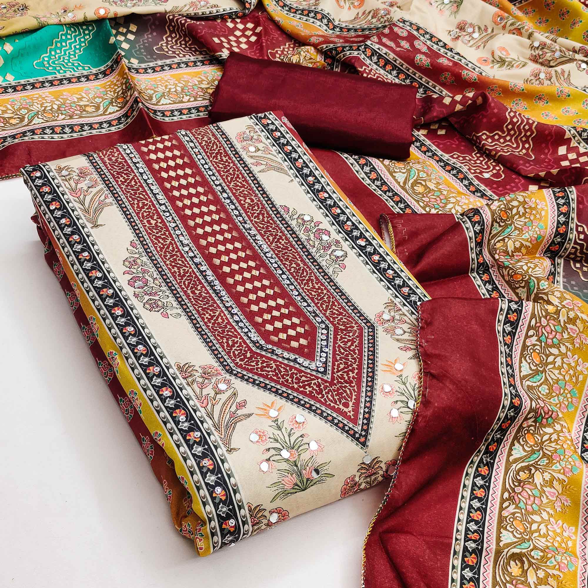 Elegant Maroon Floral Digital Printed Crepe Dress Material With Mirror Work