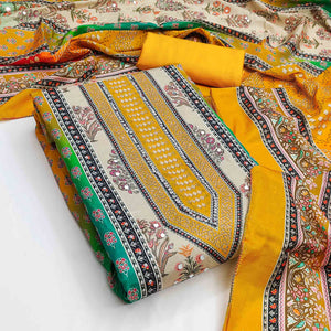Elegant Mustard Floral Digital Printed Crepe Dress Material With Mirror Work