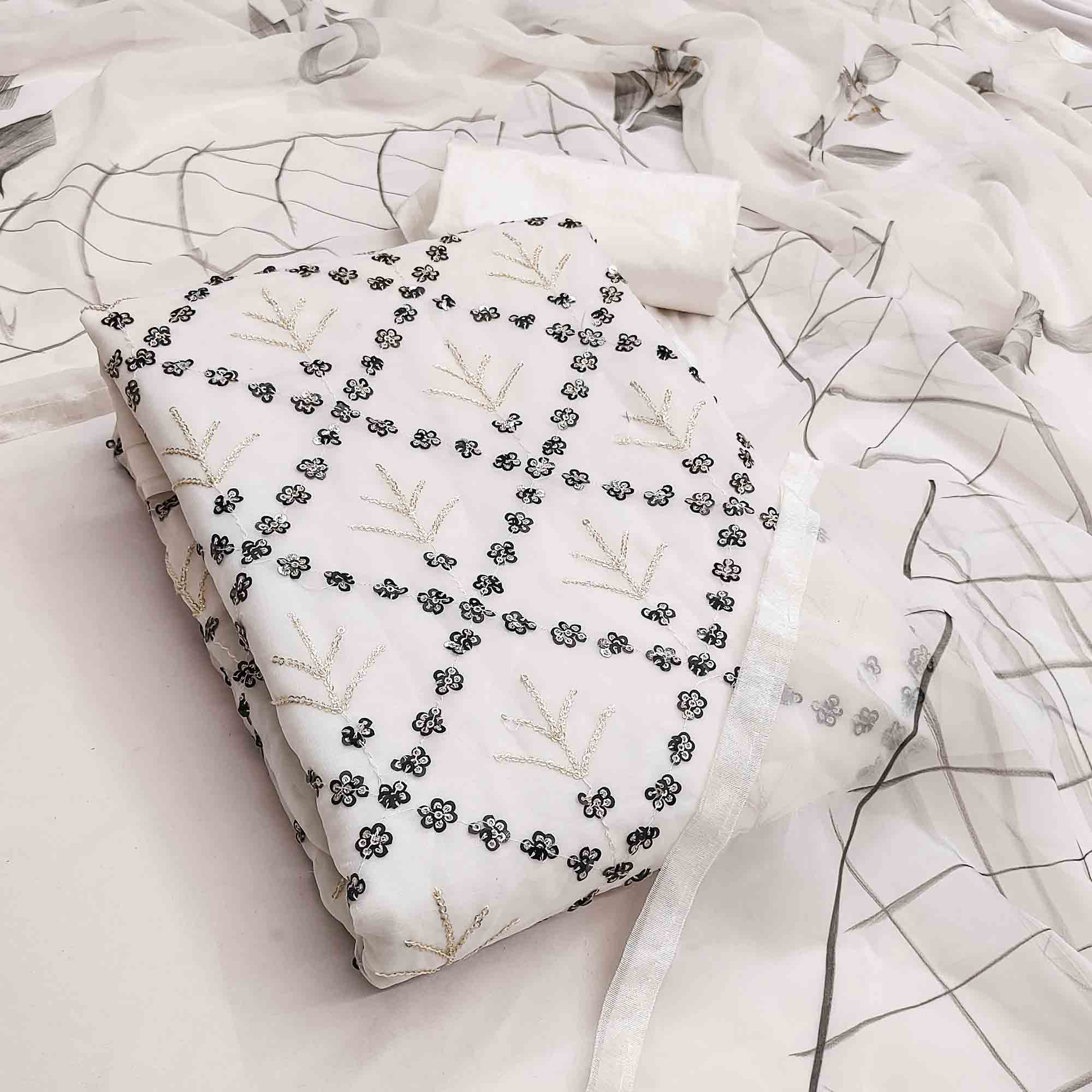 Graceful White Floral Embroidered Georgette Dress Material With Sequins Work