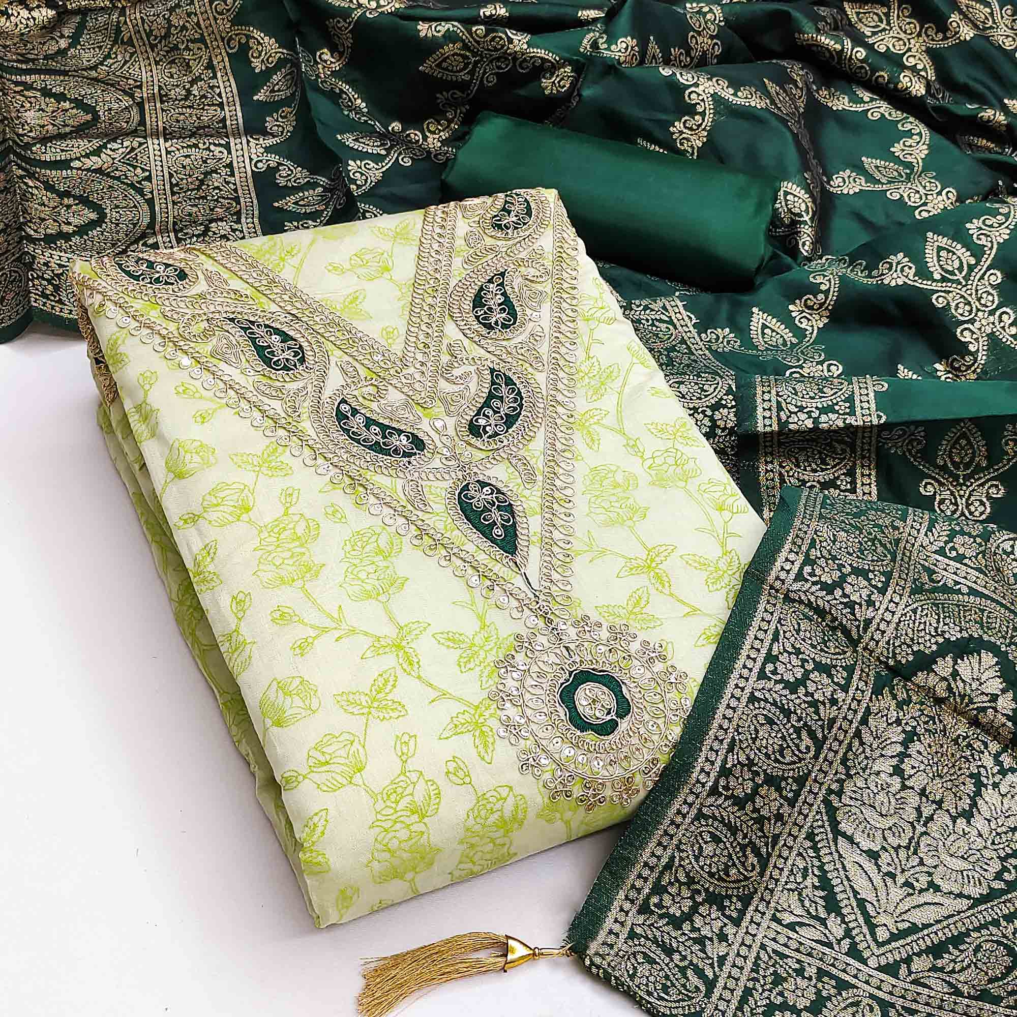 Classic Green Floral Printed Chanderi Silk Dress Material With Intricate Cording Embroidery