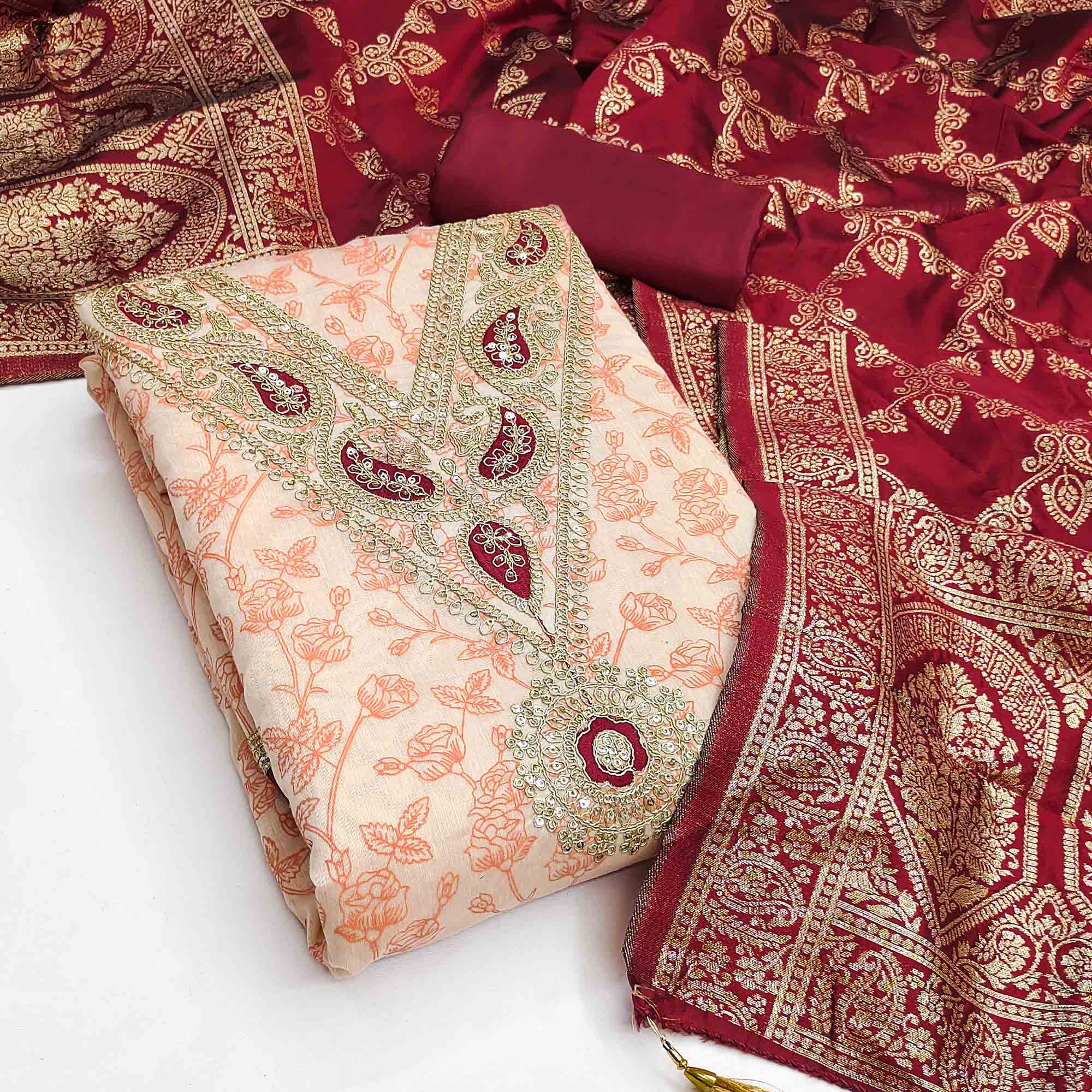 Classic Peach Floral Printed Chanderi Silk Dress Material With Intricate Cording Embroidery