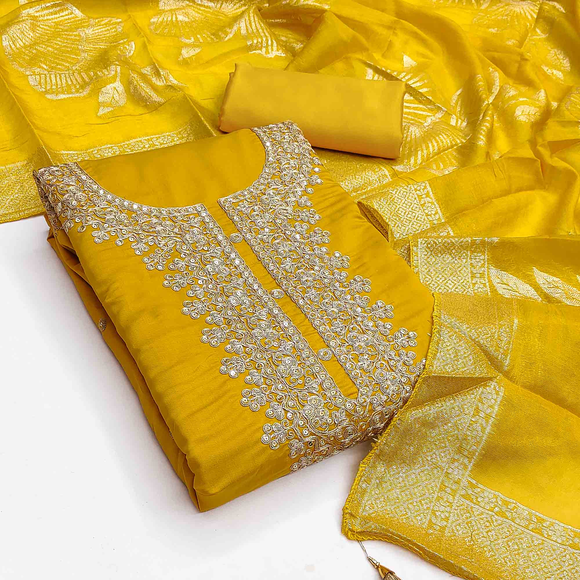 Vibrant Mustard Floral Cording Embroidery Silk Blend Dress Material Adorned With Sequins Work