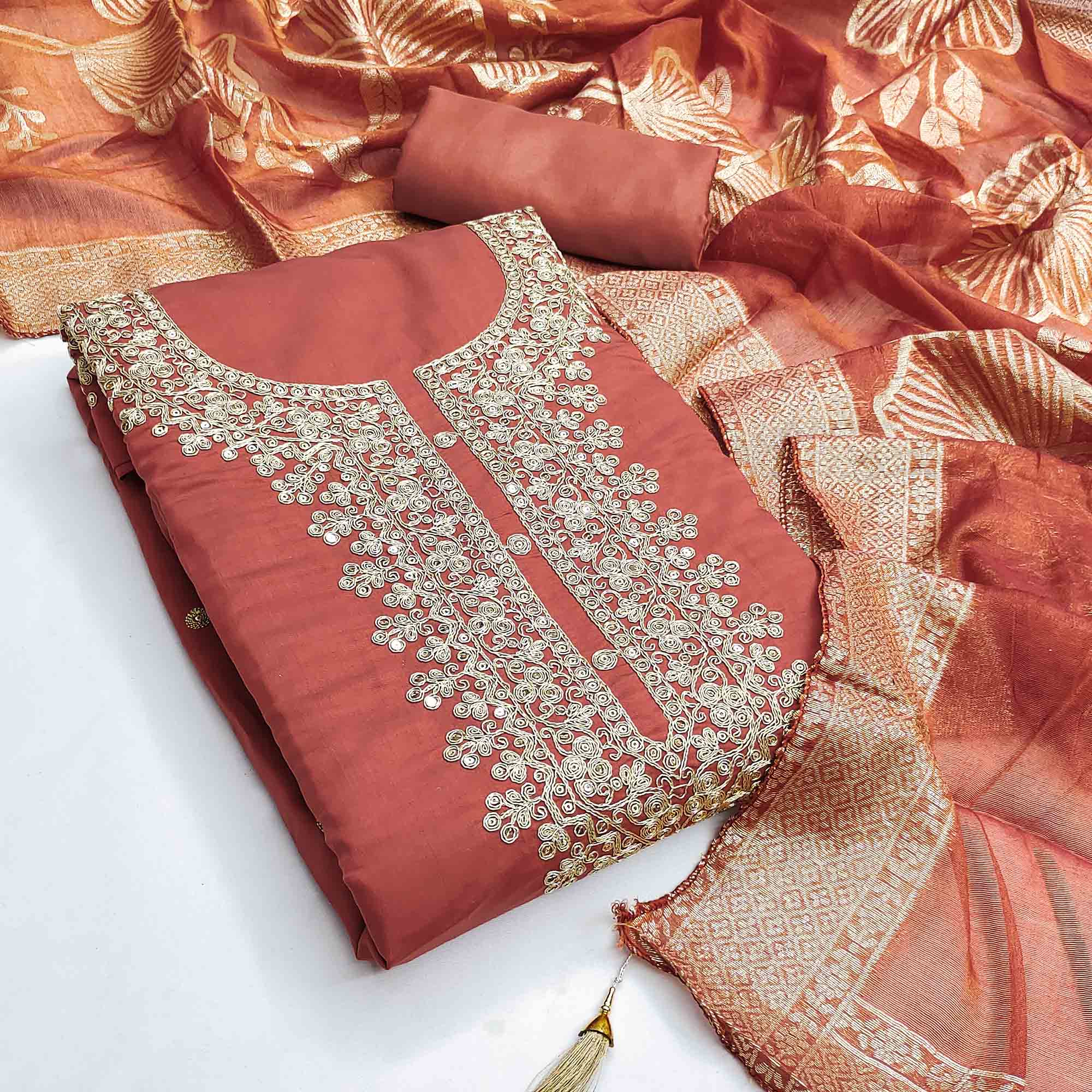 Vibrant Rust Floral Cording Embroidery Silk Blend Dress Material Adorned With Sequins Work