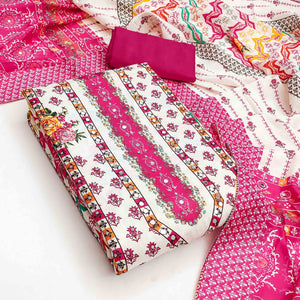 Rani Pink Crepe Dress Material With Vibrant Floral Digital Print & Mirror Embellishment