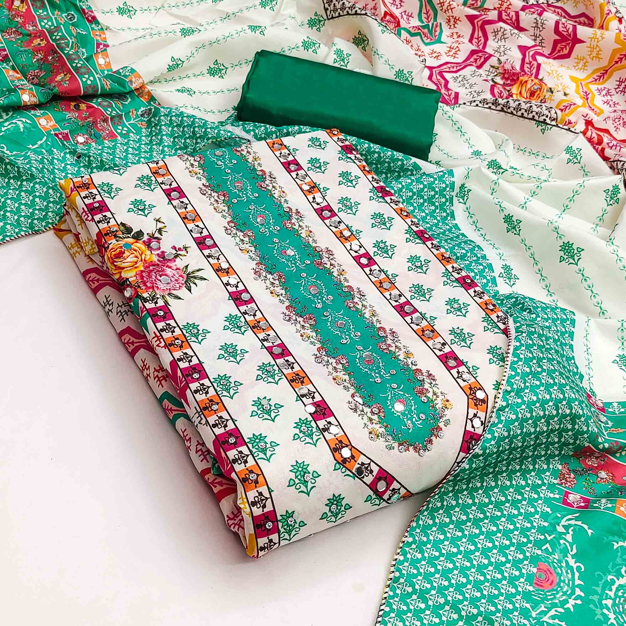 Turquoise Crepe Dress Material With Vibrant Floral Digital Print & Mirror Embellishment