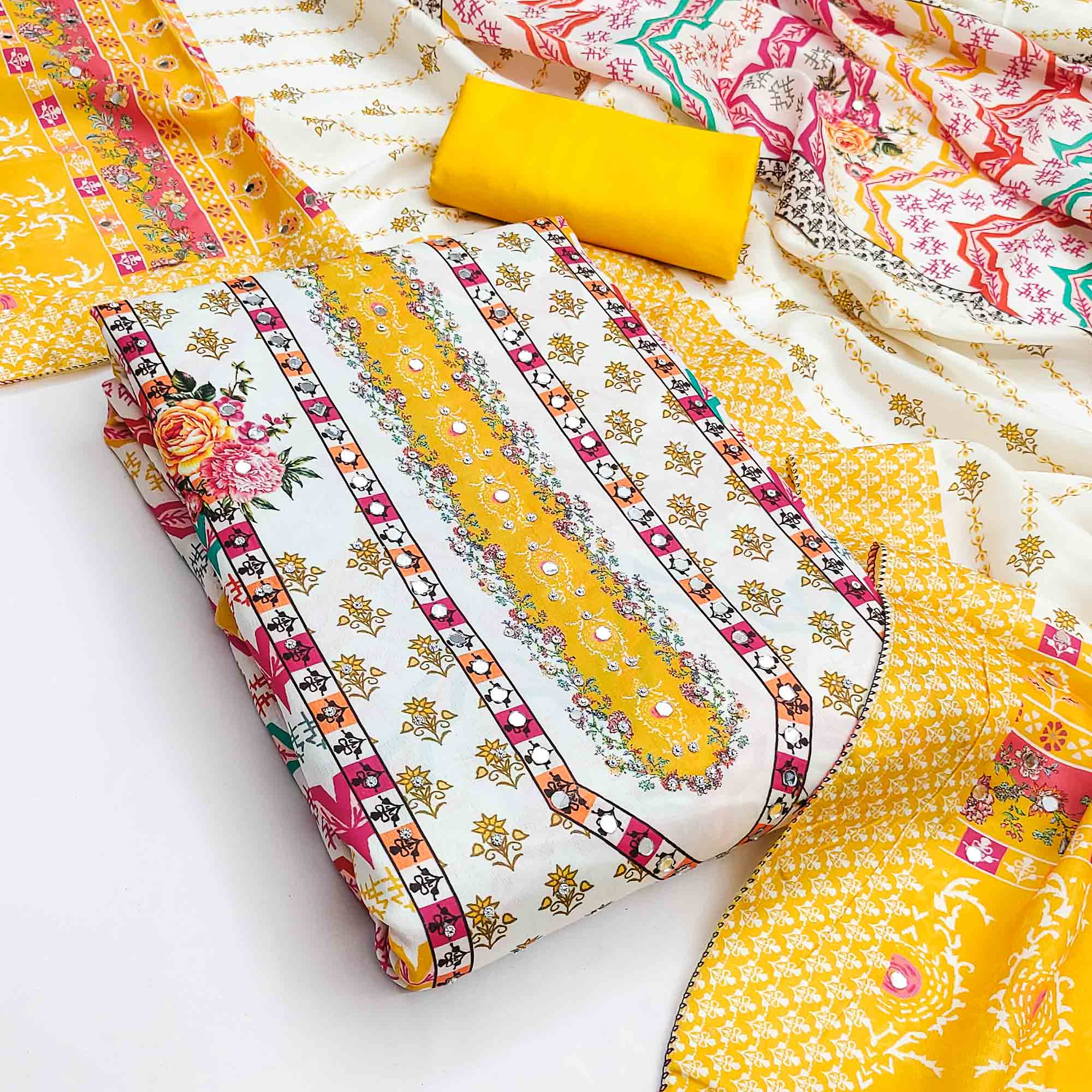 Yellow Crepe Dress Material With Vibrant Floral Digital Print & Mirror Embellishment