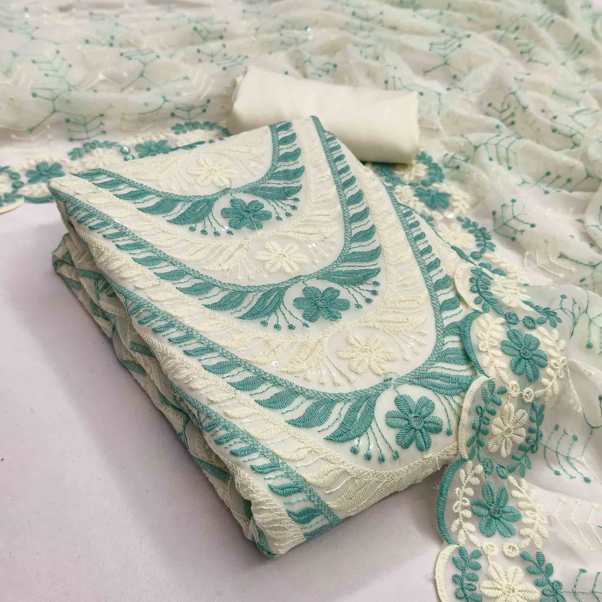 Cream & Rama Green Heavy Embroidered Georgette Dress MaterialEnhanced with Floral Resham Dupatta