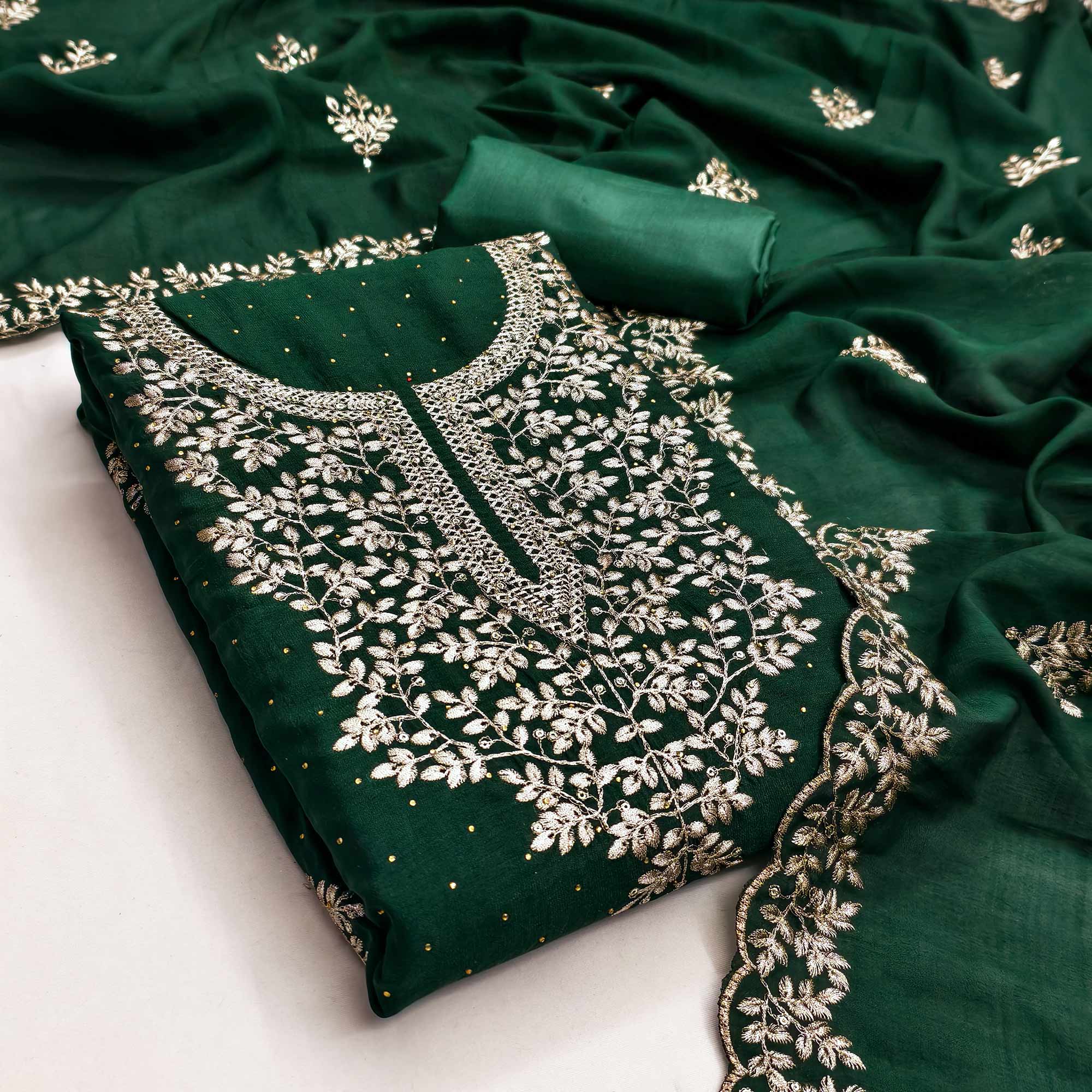 Green Floral Motif Vichitra Silk Dress Material Featuring Sequins Embroidery & Swarovski Work