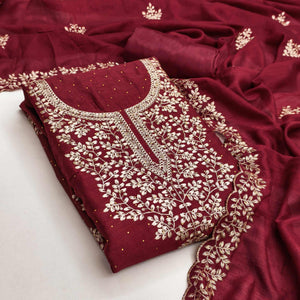 Maroon Floral Motif Vichitra Silk Dress Material Featuring Sequins Embroidery & Swarovski Work