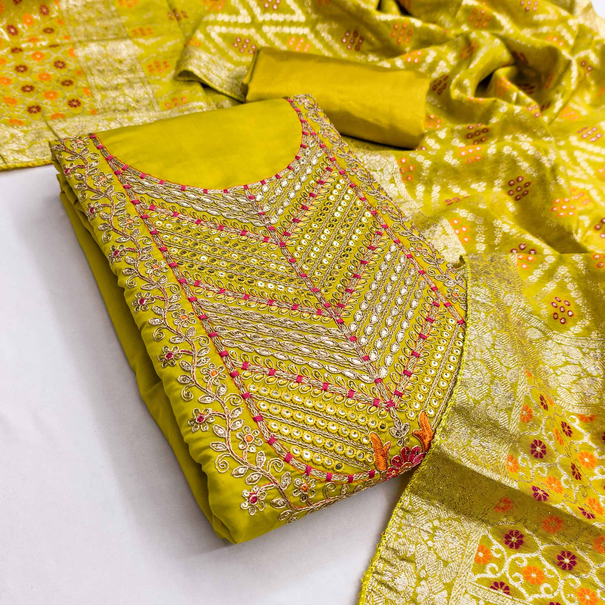 Lemon Yellow Silk Blend Dress Material Adorned With Floral Cording Embroidery & Elegant Sequins