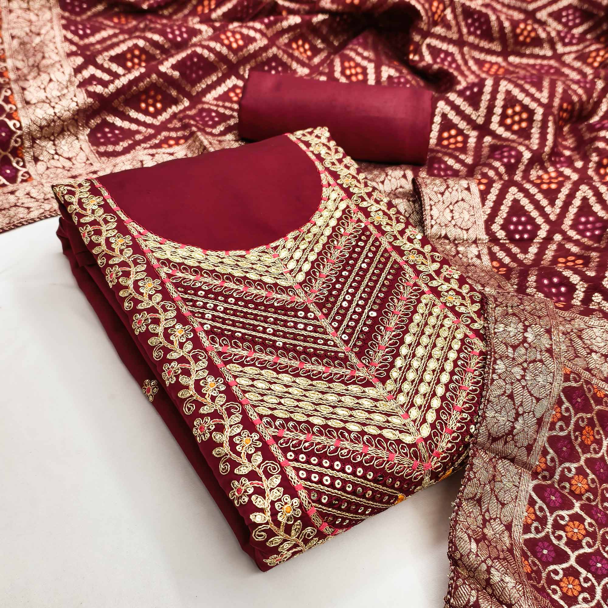 Maroon Silk Blend Dress Material Adorned With Floral Cording Embroidery & Elegant Sequins Work
