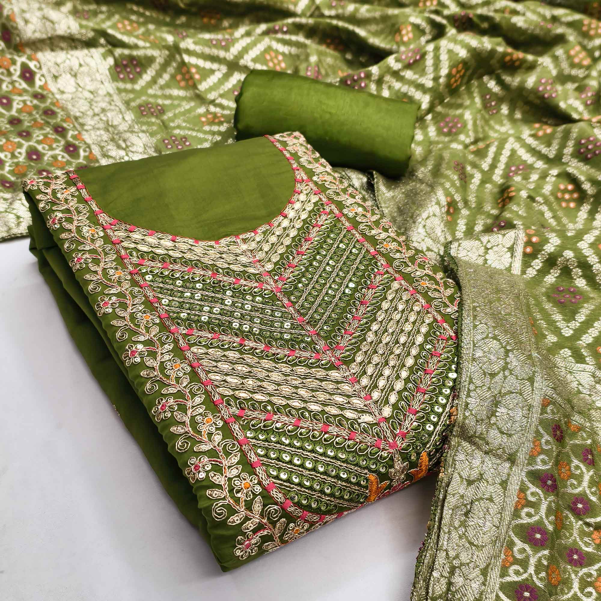 Mehendi Green Silk Blend Dress Material Adorned With Floral Cording Embroidery & Elegant Sequins