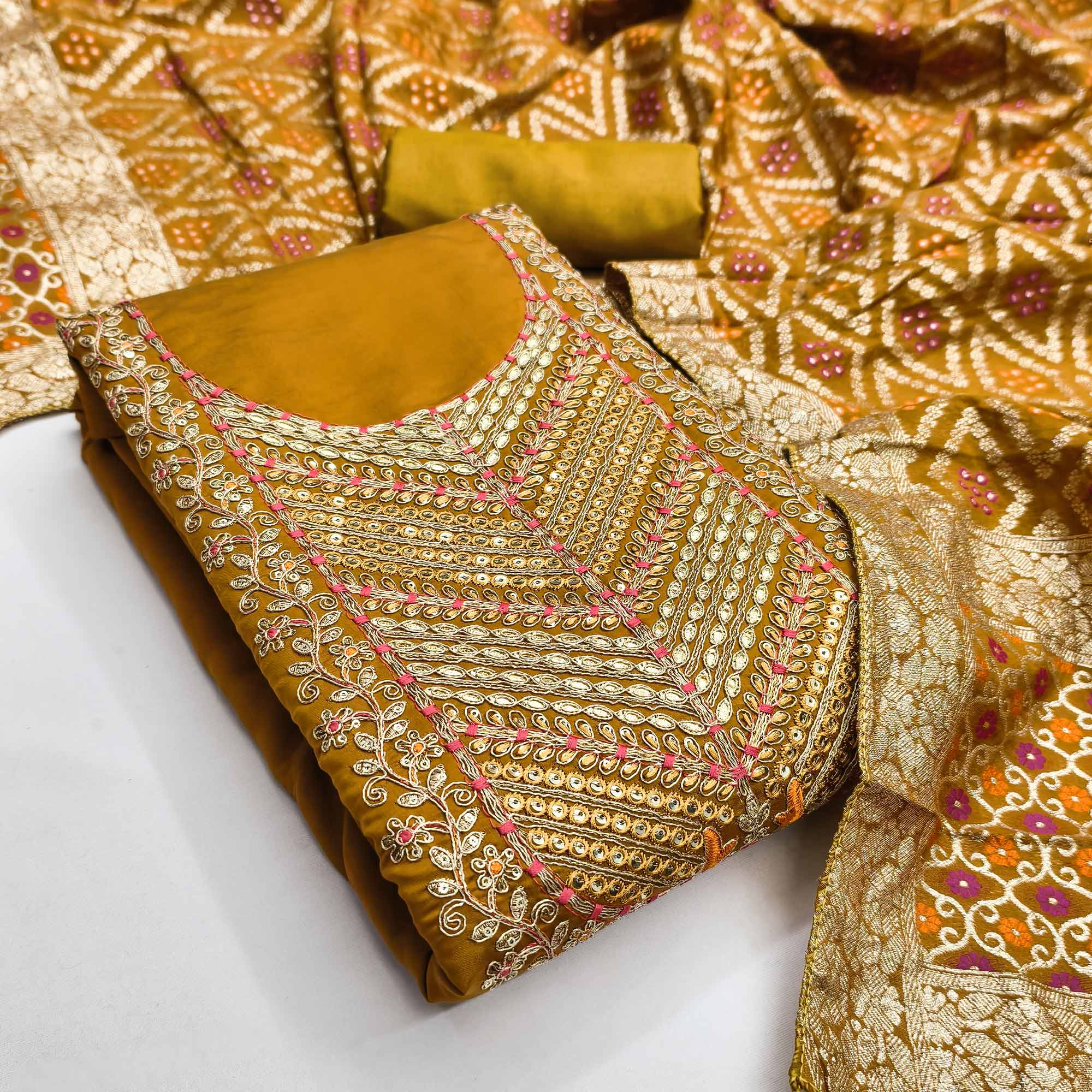 Mustard Silk Blend Dress Material Adorned With Floral Cording Embroidery & Elegant Sequins Work