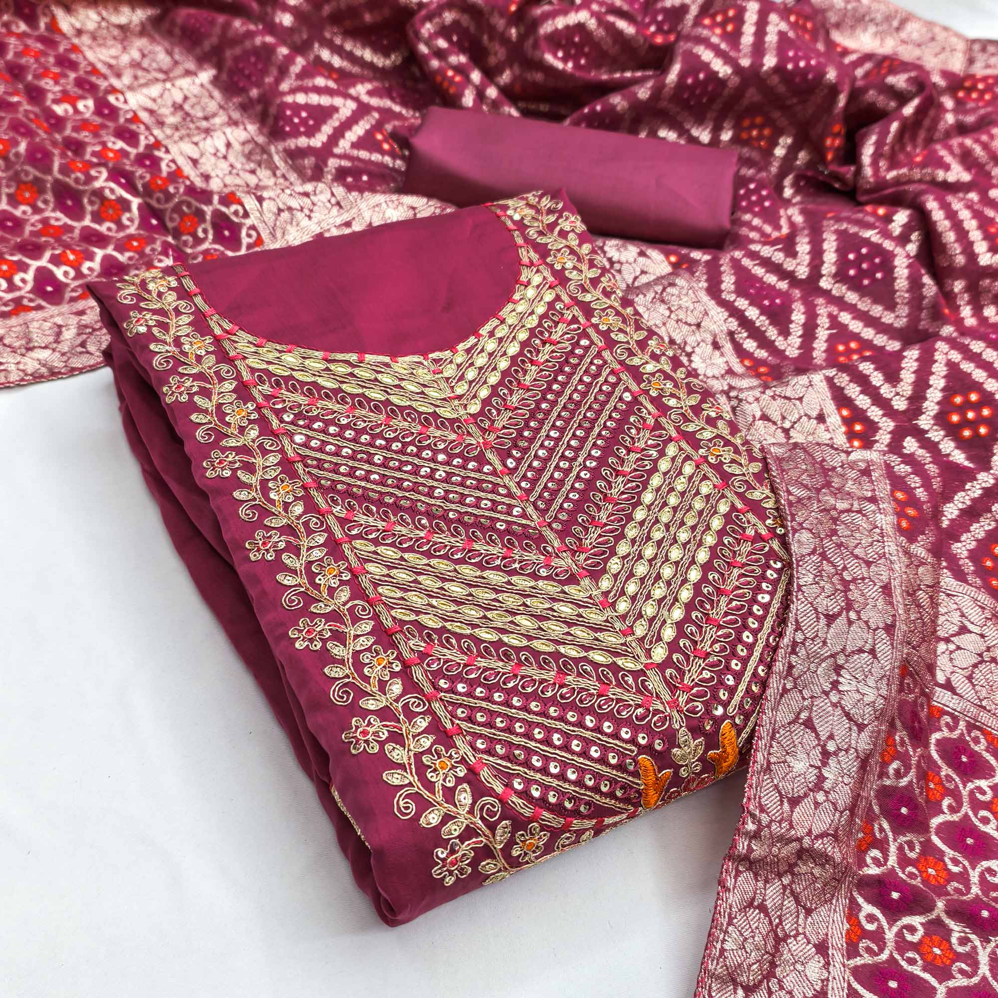 Pink Silk Blend Dress Material Adorned With Floral Cording Embroidery & Elegant Sequins Work