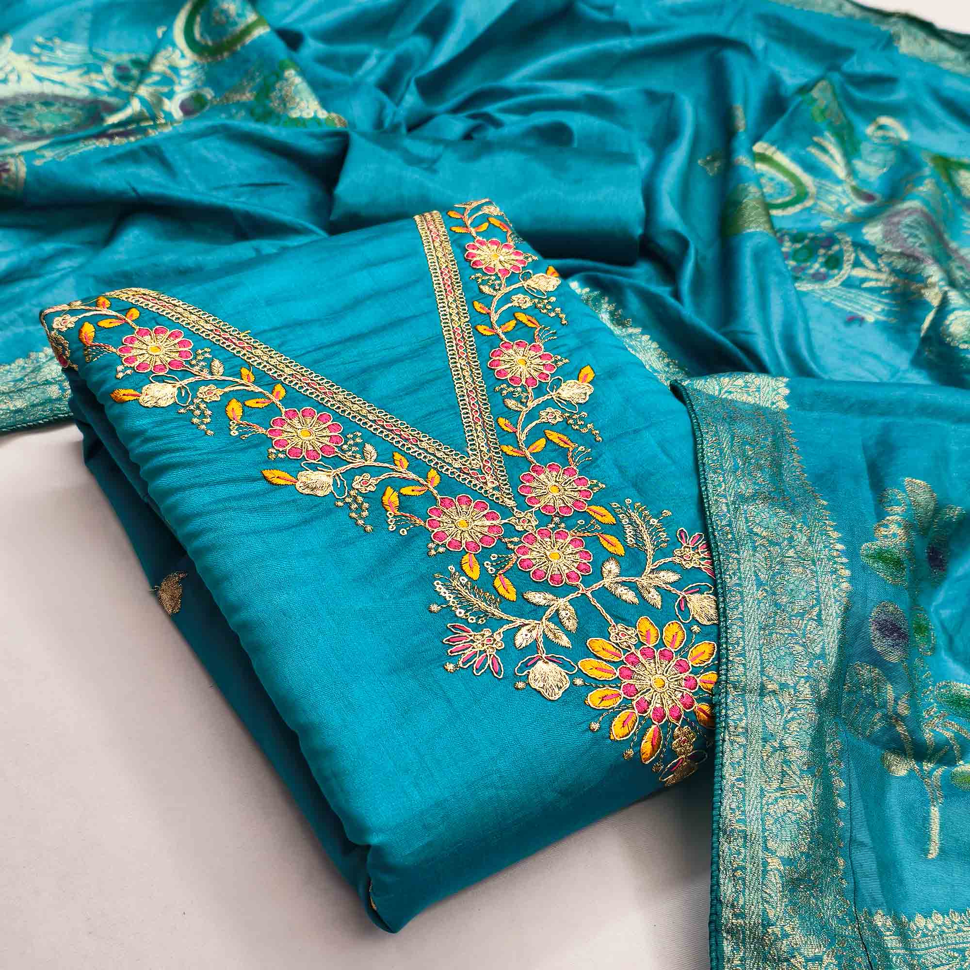 Exclusive Blue Floral Cording Embroidered Silk Blend Dress Material With Luxe Sequins Work