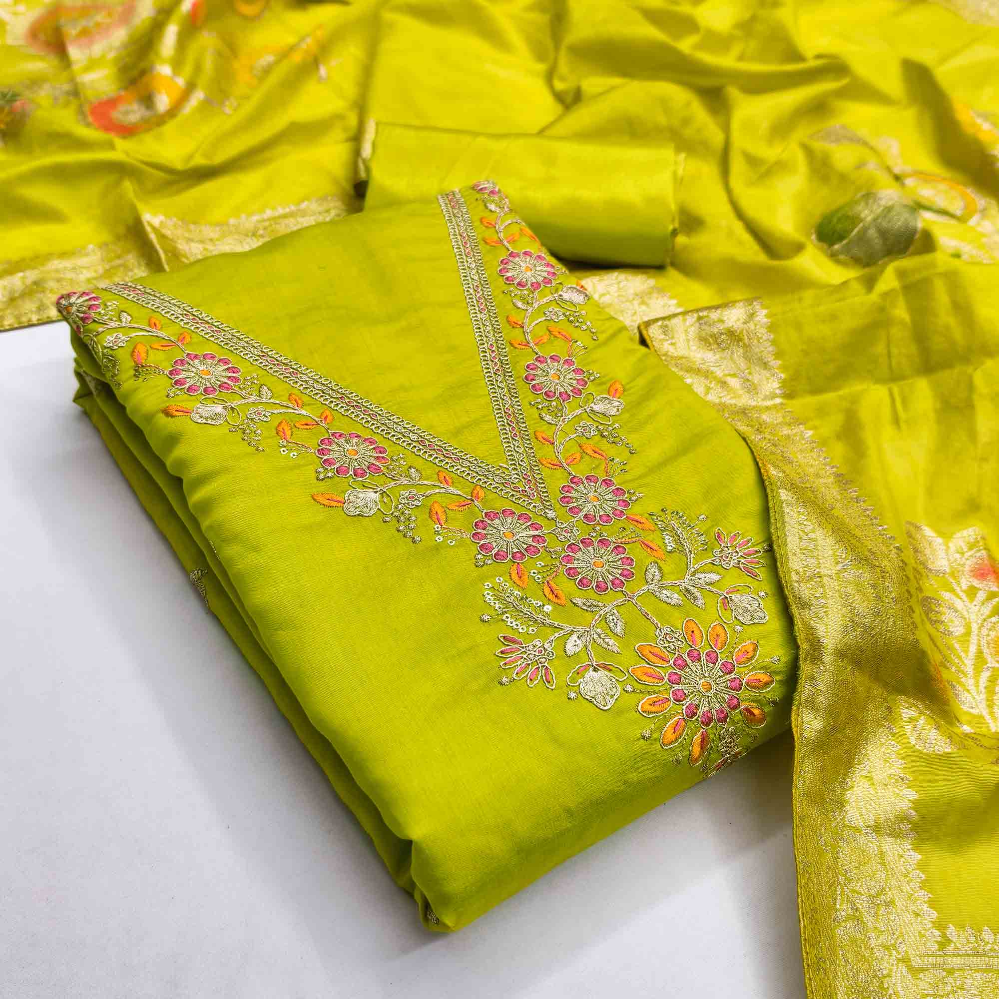 Exclusive Parrot Green Floral Cording Embroidered Silk Blend Dress Material With Luxe Sequins Work