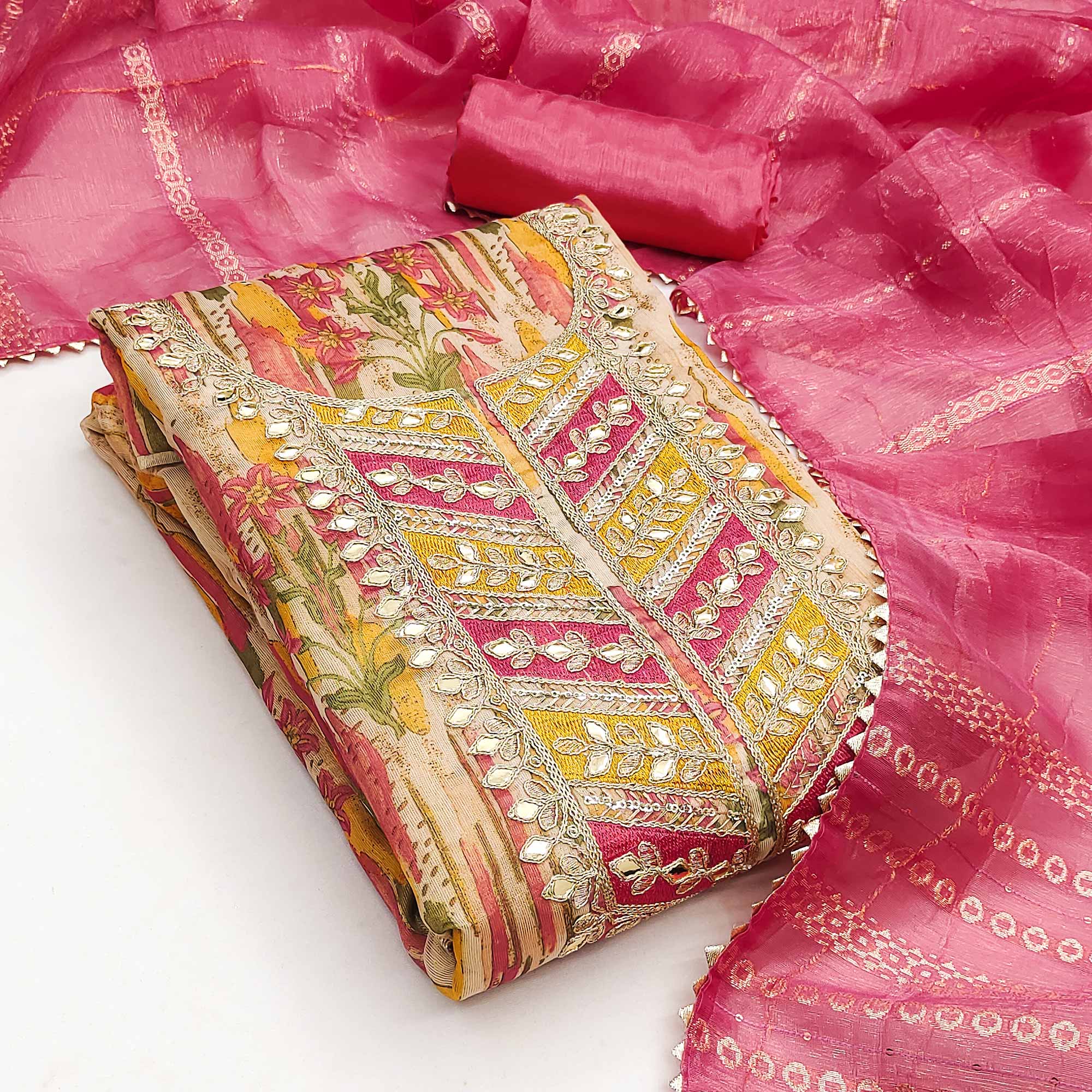 Pink Floral Digital Printed Shimmer Silk Dress Material With Elegant Embroidery & Gota Patti Work