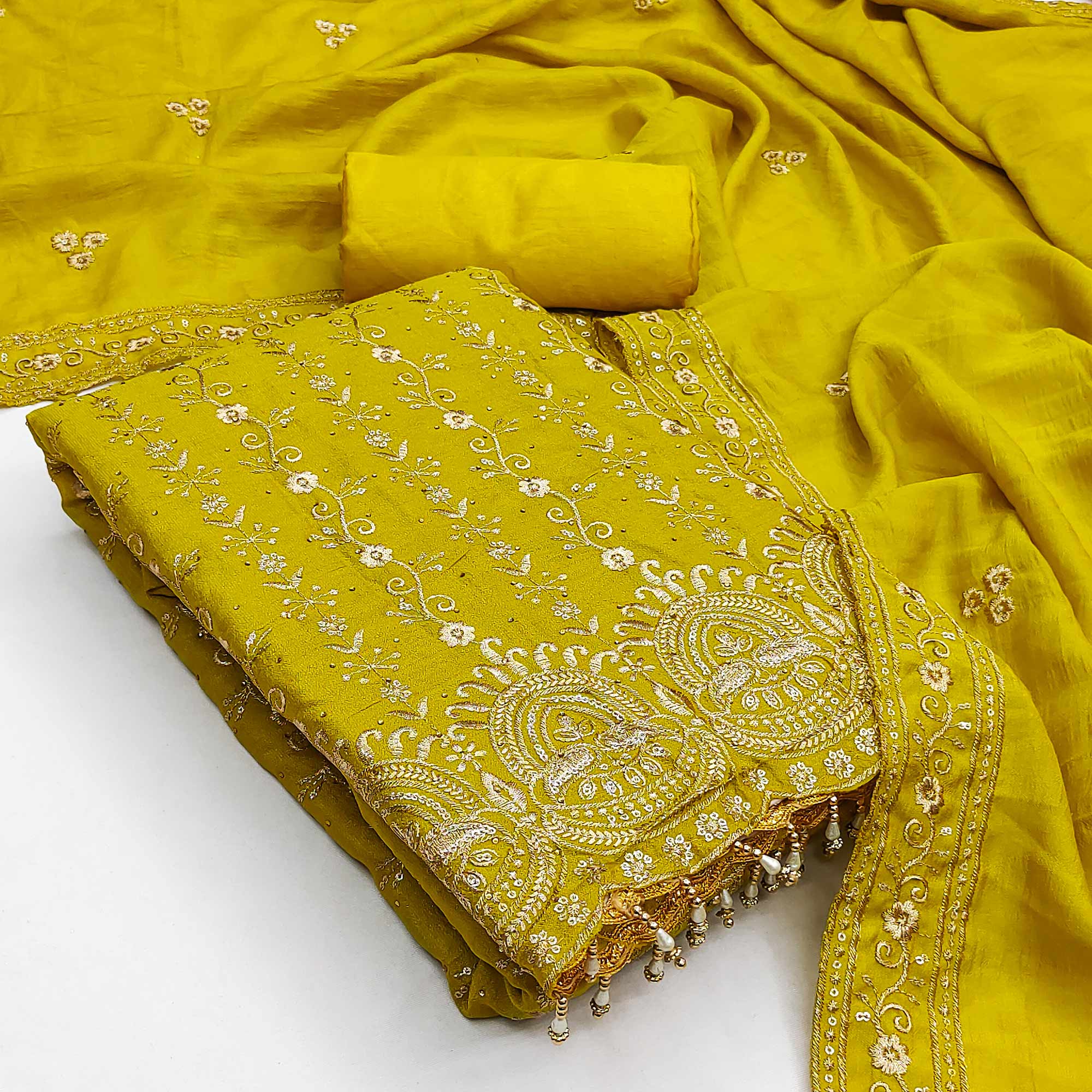 Lemon Yellow Floral Vichitra Silk Dress Material Adorned With Floral Embroidery & Swarovski Work