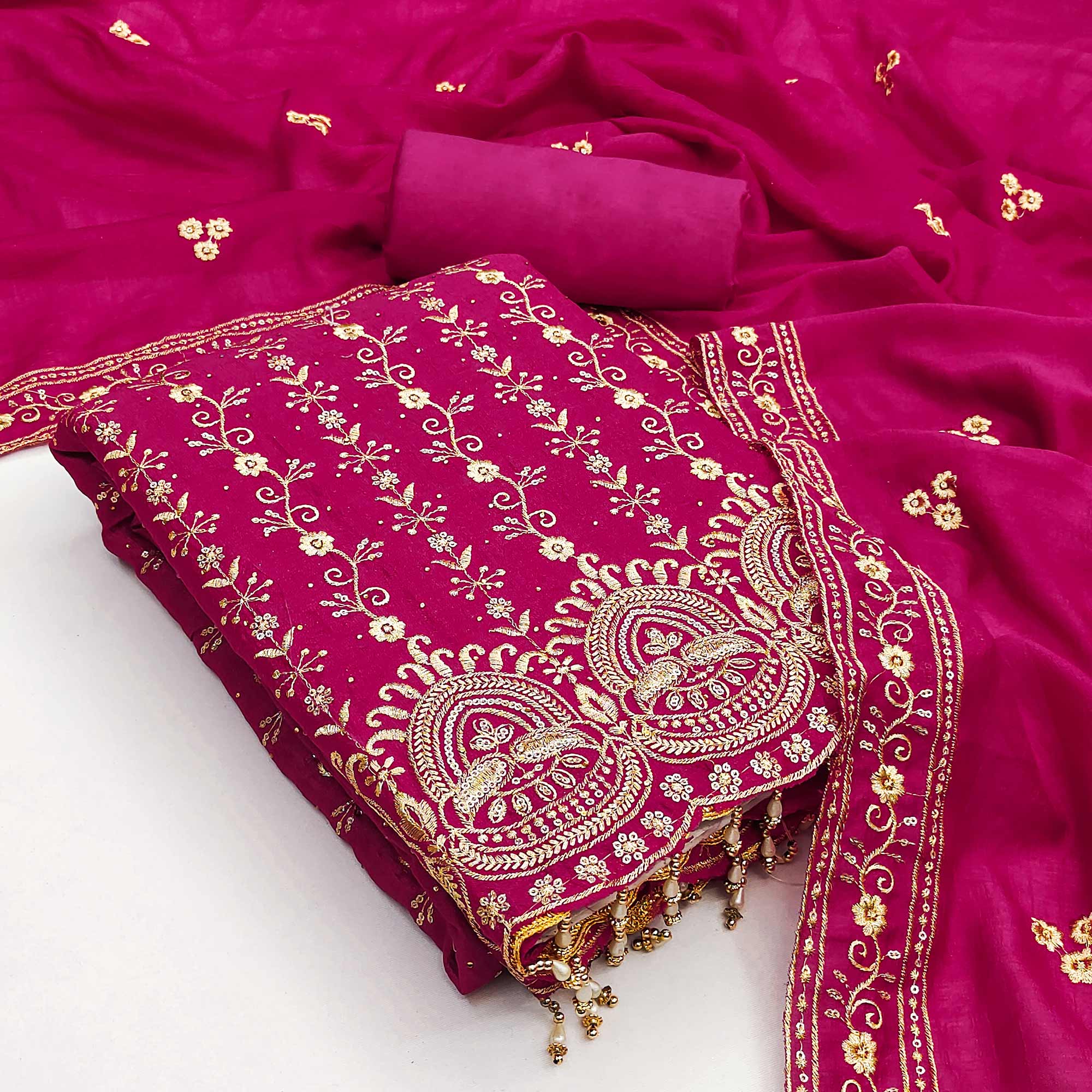 Rani Pink Floral Vichitra Silk Dress Material Adorned With Floral Embroidery & Swarovski Work