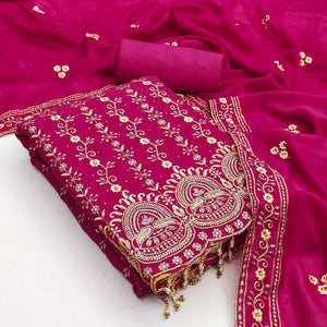 Rani Pink Floral Vichitra Silk Dress Material Adorned With Floral Embroidery & Swarovski Work
