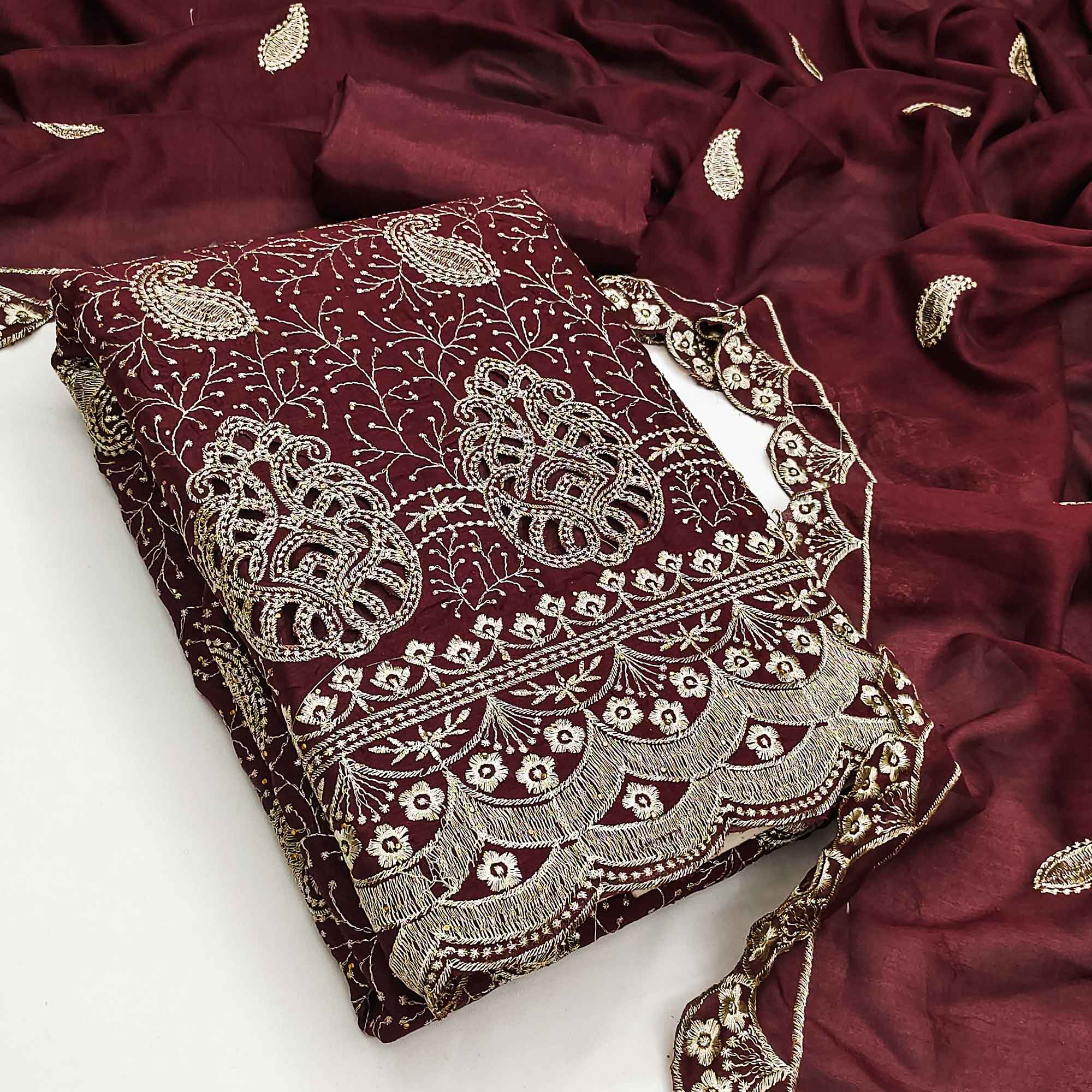 Maroon Vichitra Silk Dress Material Showcasing Paisley & Floral Embroidery With Swarovski