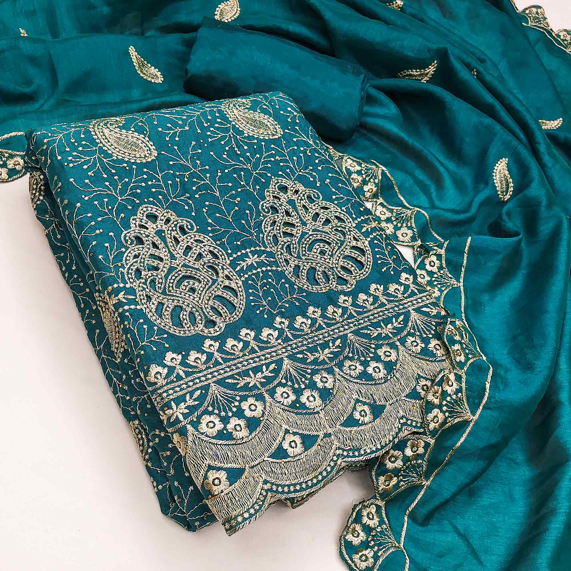 Morpich Blue Vichitra Silk Dress Material Showcasing Paisley & Floral Embroidery With Swarovski