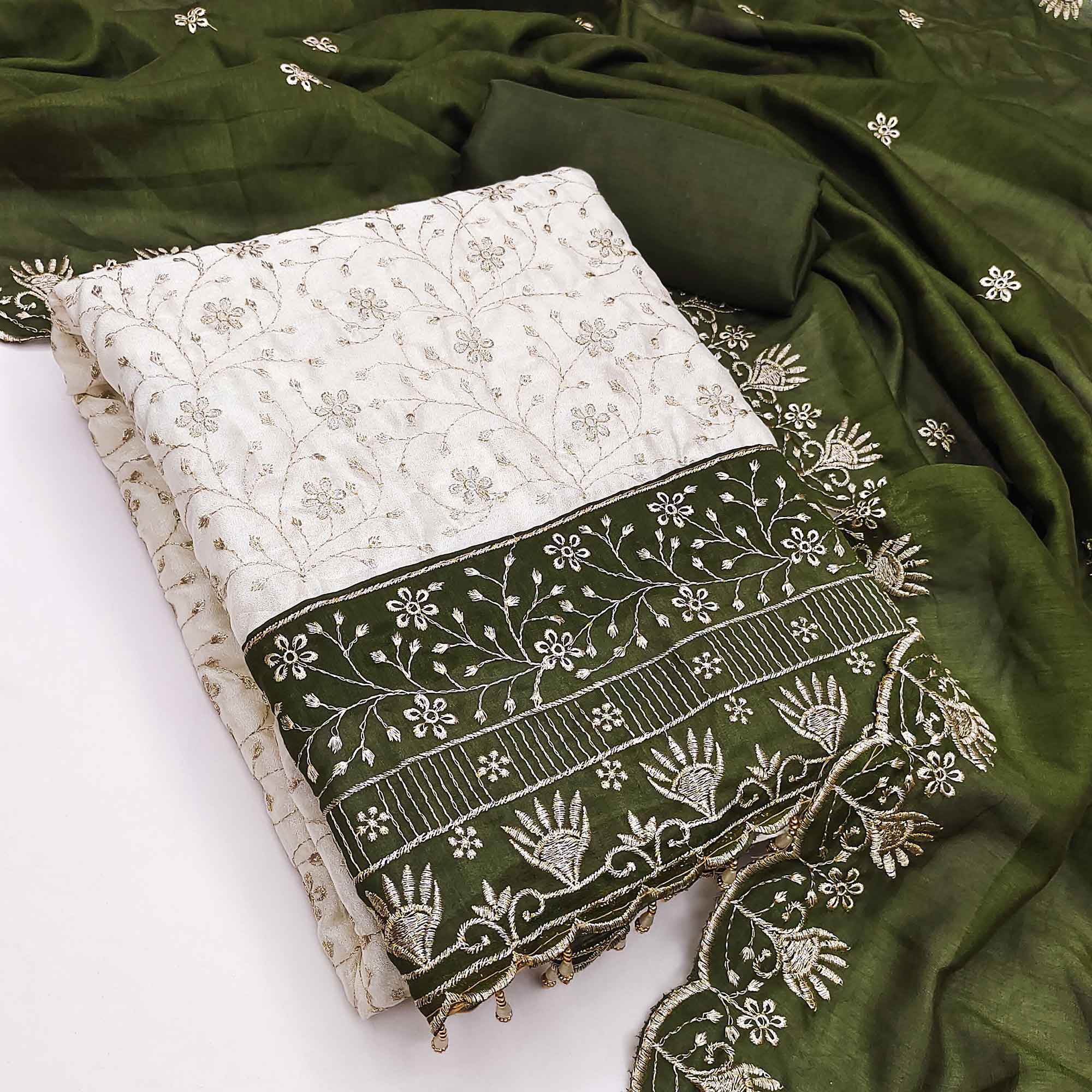 Chic OffWhite & Mehendi Green Vichitra Silk Dress Material Adorned With Floral Embroidery