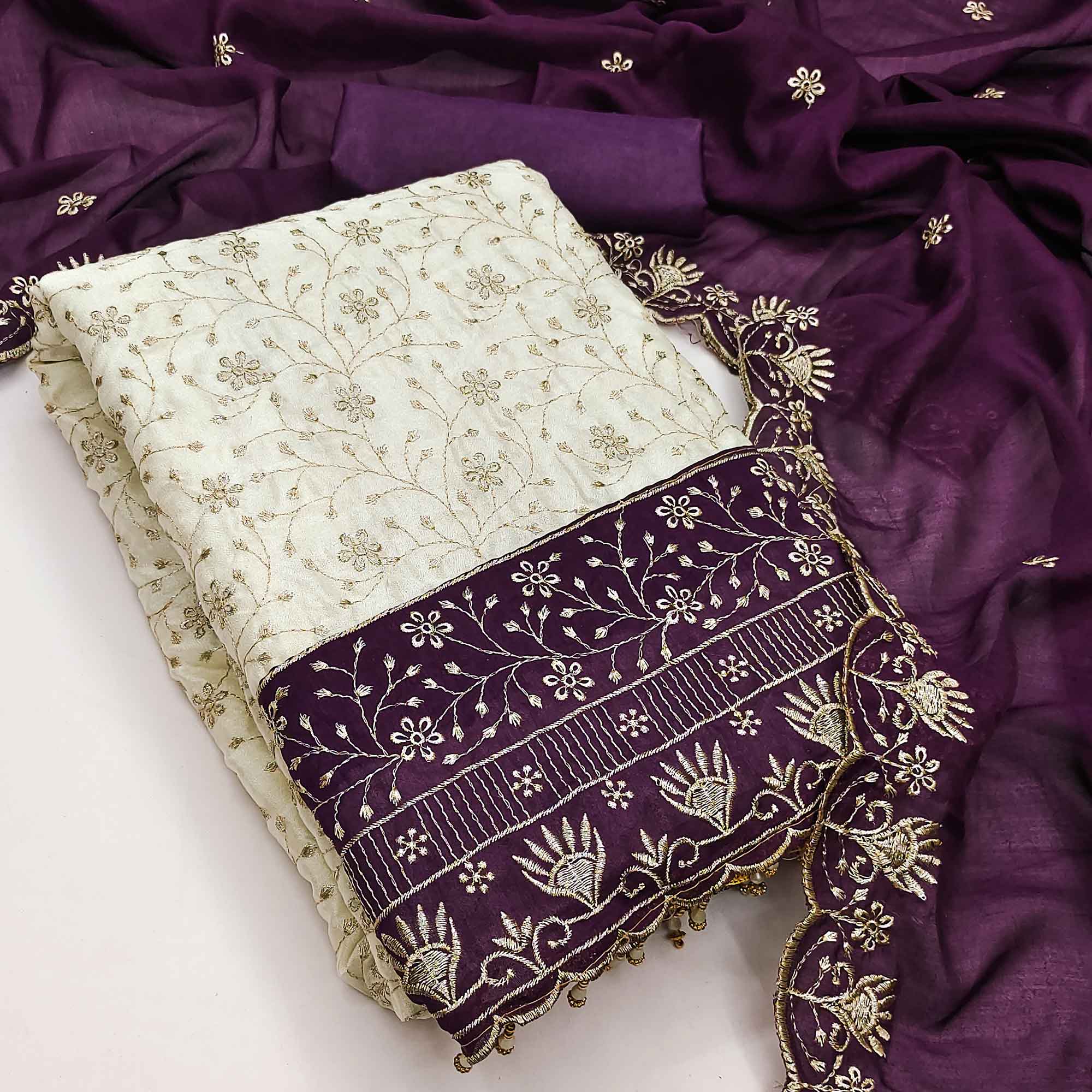 Chic OffWhite & Purple Vichitra Silk Dress Material Adorned With Floral Embroidery