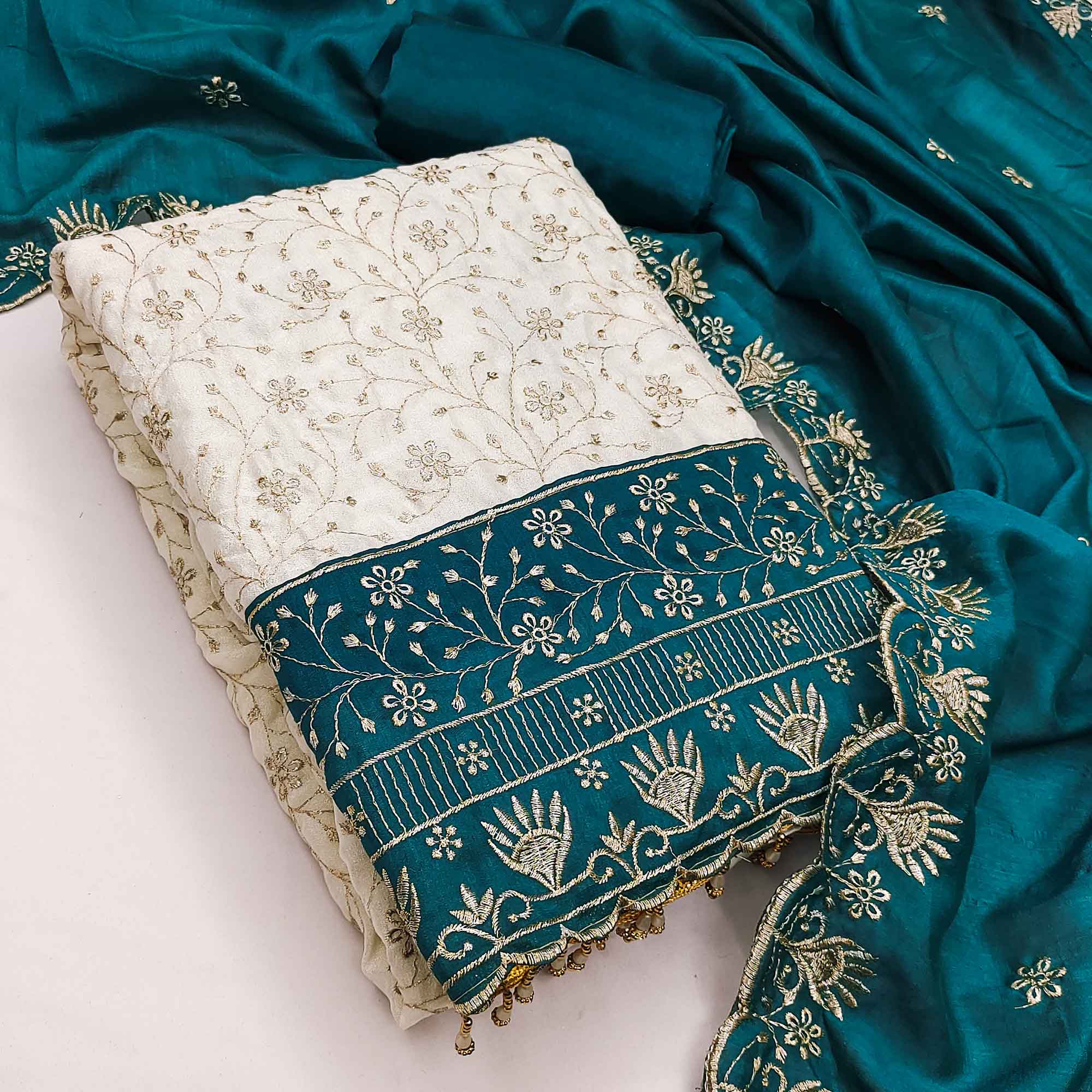 Chic OffWhite & Rama Blue Vichitra Silk Dress Material Adorned With Floral Embroidery