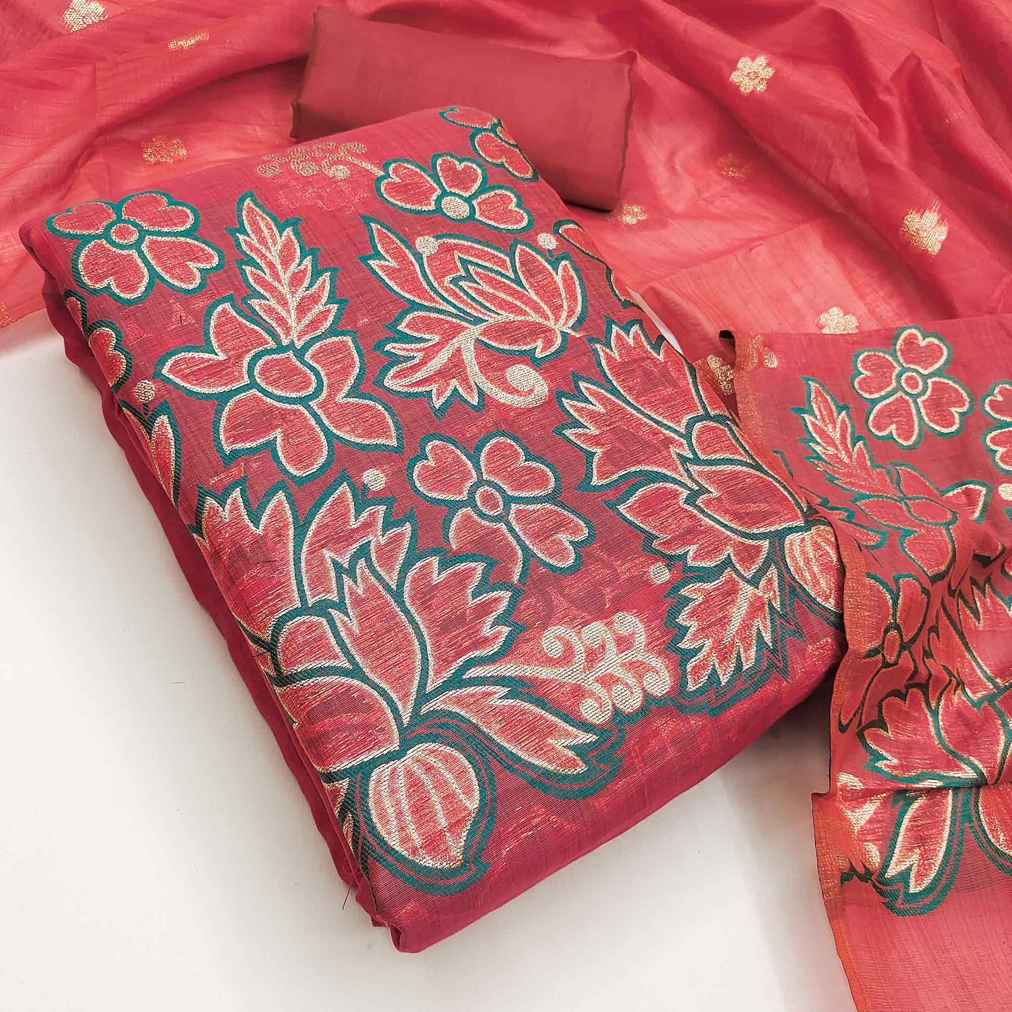 Graceful Brick Red Jamdani Art Silk Dress Material Adorned With Intricate Floral Weaving Work