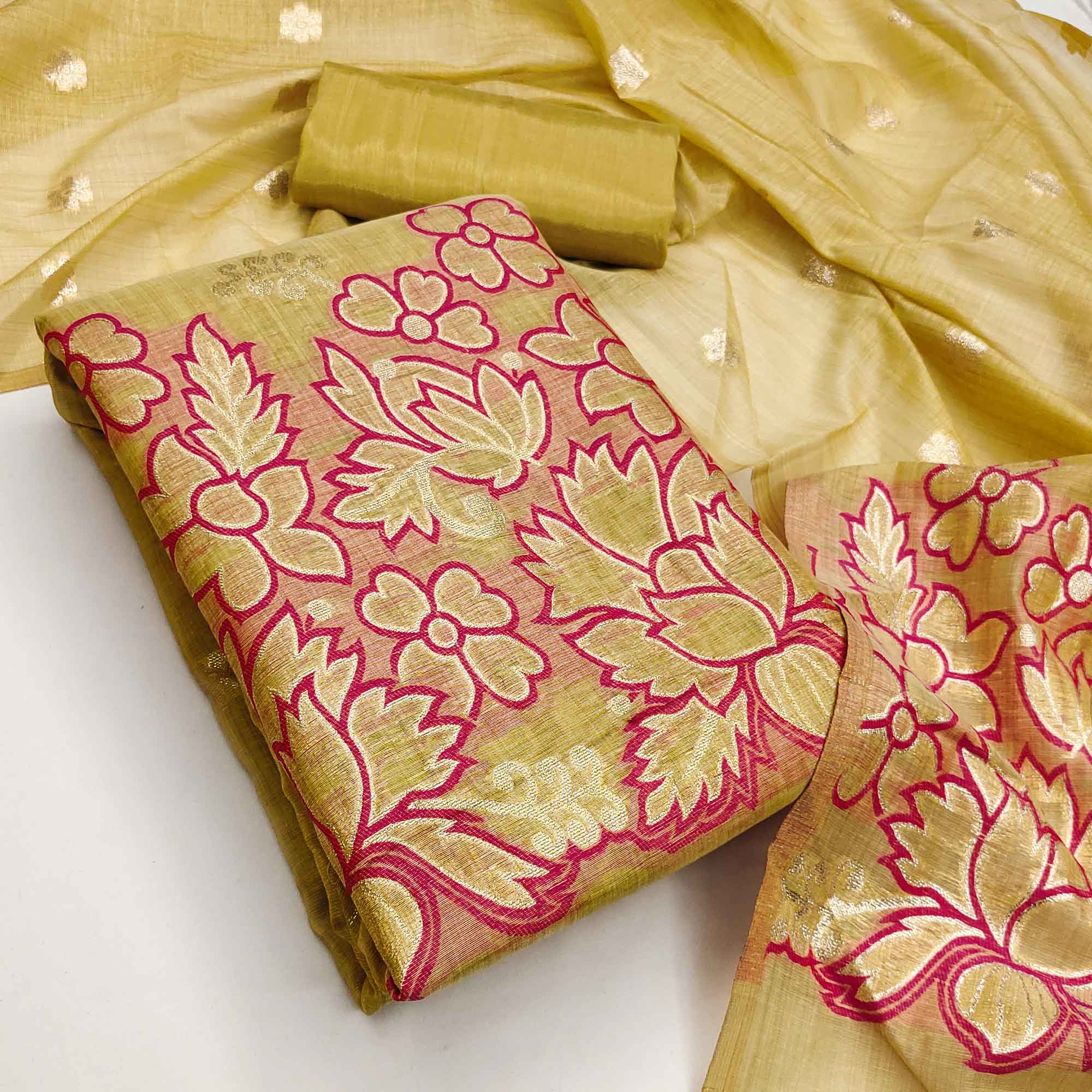 Graceful Chikoo Jamdani Art Silk Dress Material Adorned With Intricate Floral Weaving Work