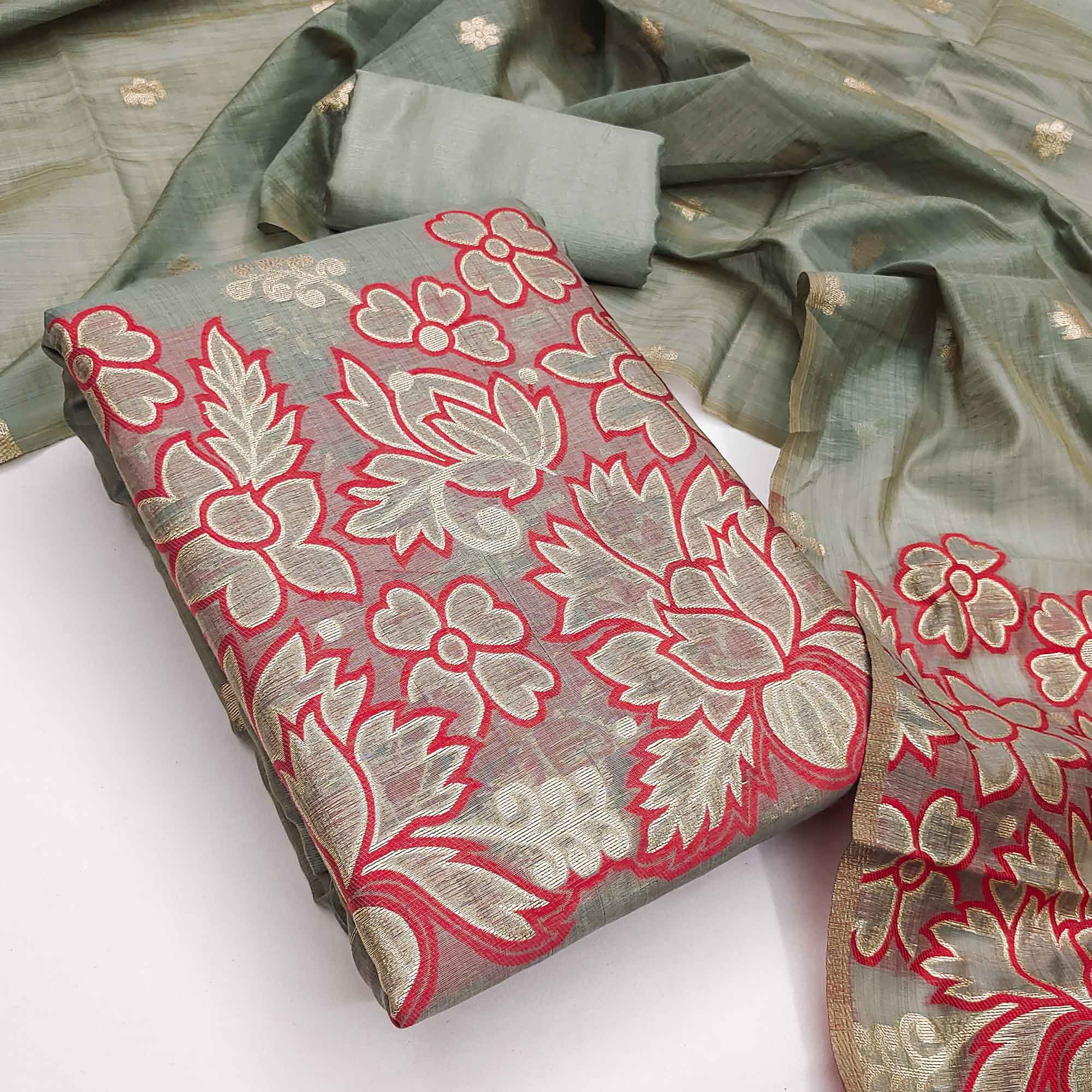 Graceful Grey Jamdani Art Silk Dress Material Adorned With Intricate Floral Weaving Work