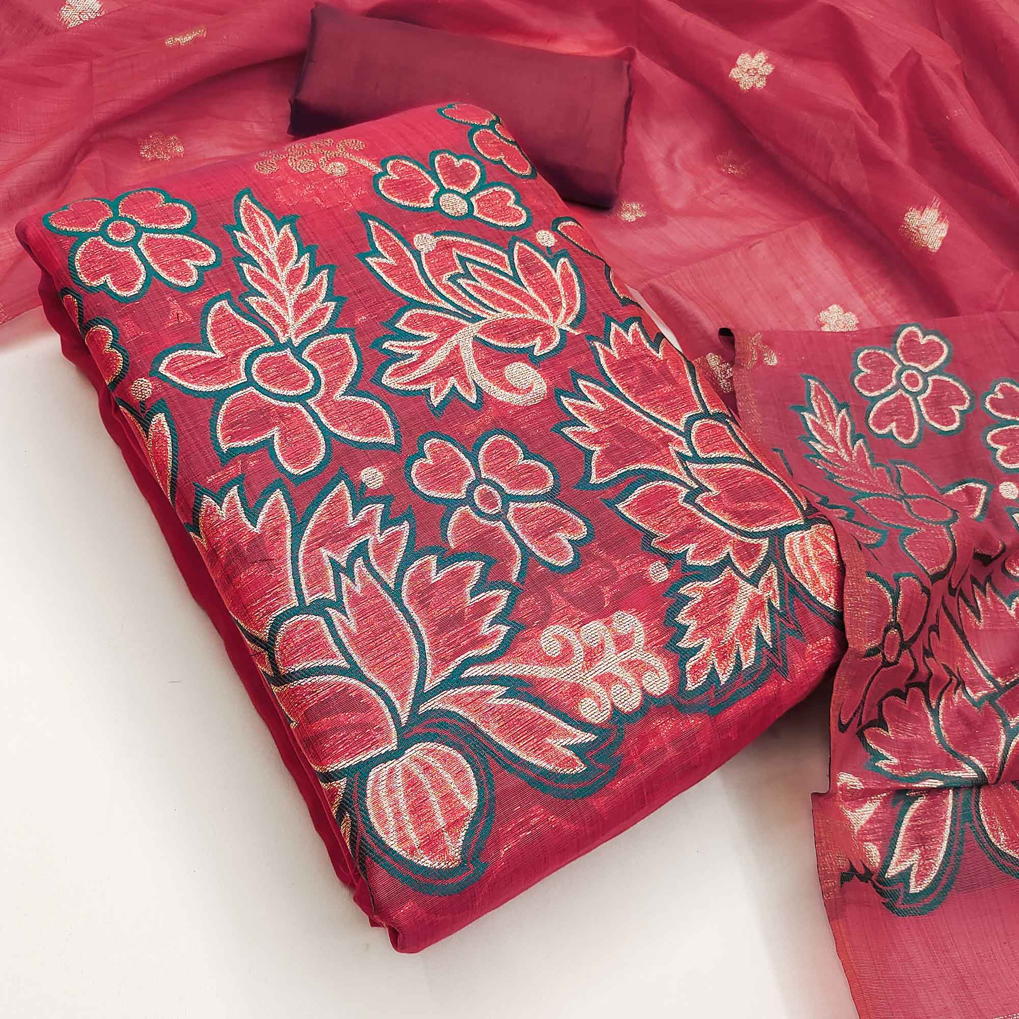 Graceful Pink Jamdani Art Silk Dress Material Adorned With Intricate Floral Weaving Work